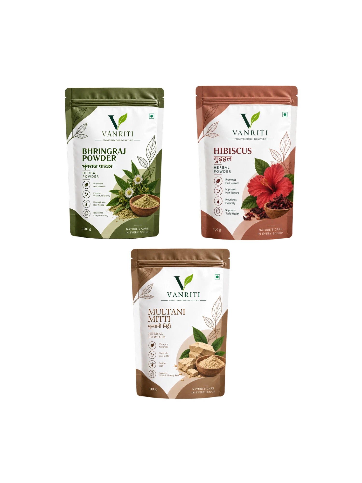 VANRITI Bhringraj, Hibiscus and Multani Mitti Powder for Hair & Skin Beauty Ritual, 300g (Combo Pack of 3)
