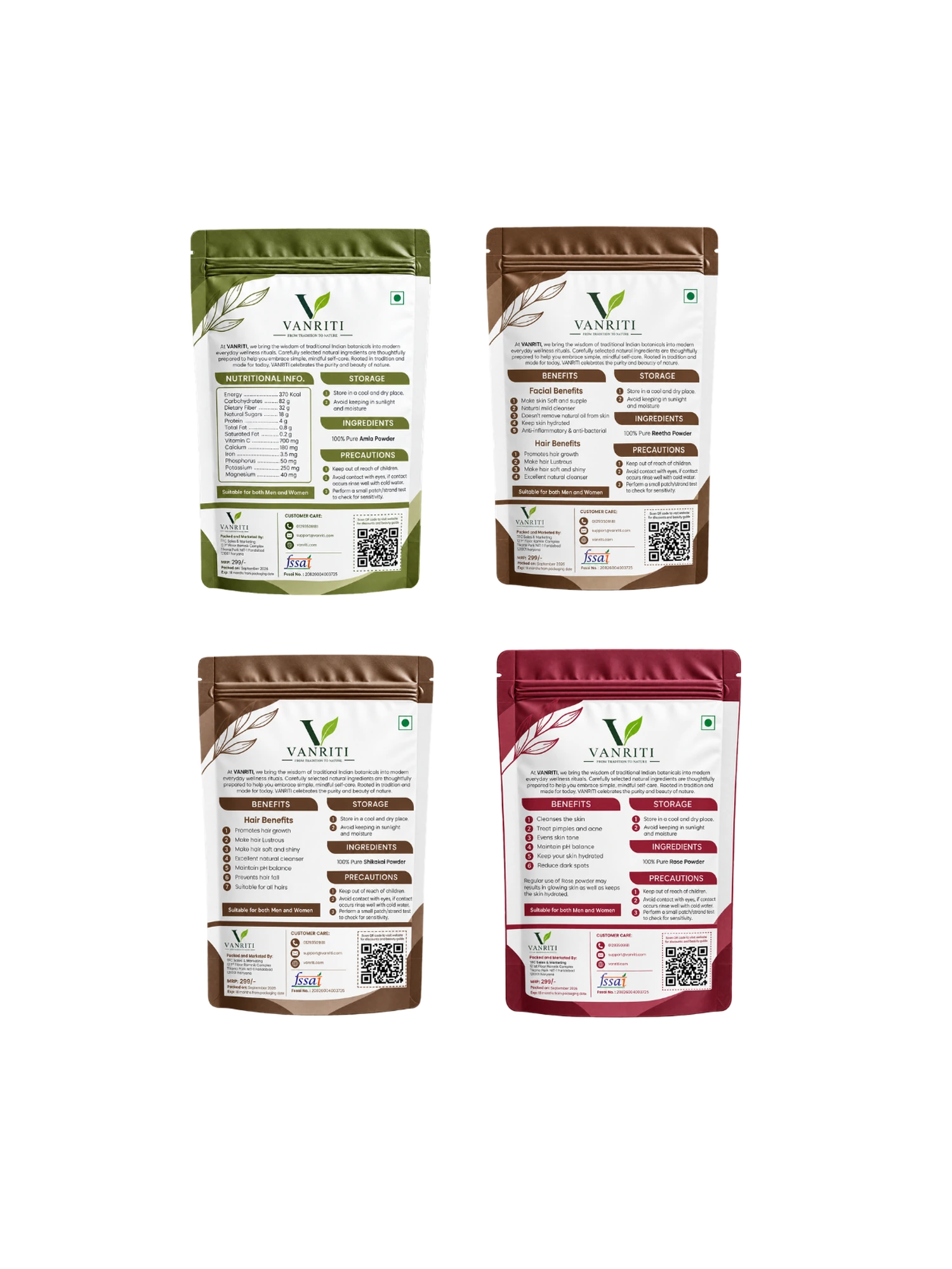 VANRITI Amla, Reetha, Shikakai and Rose Powder for Hair Cleansing & Hair Mask, 400g (Combo Pack of 4)