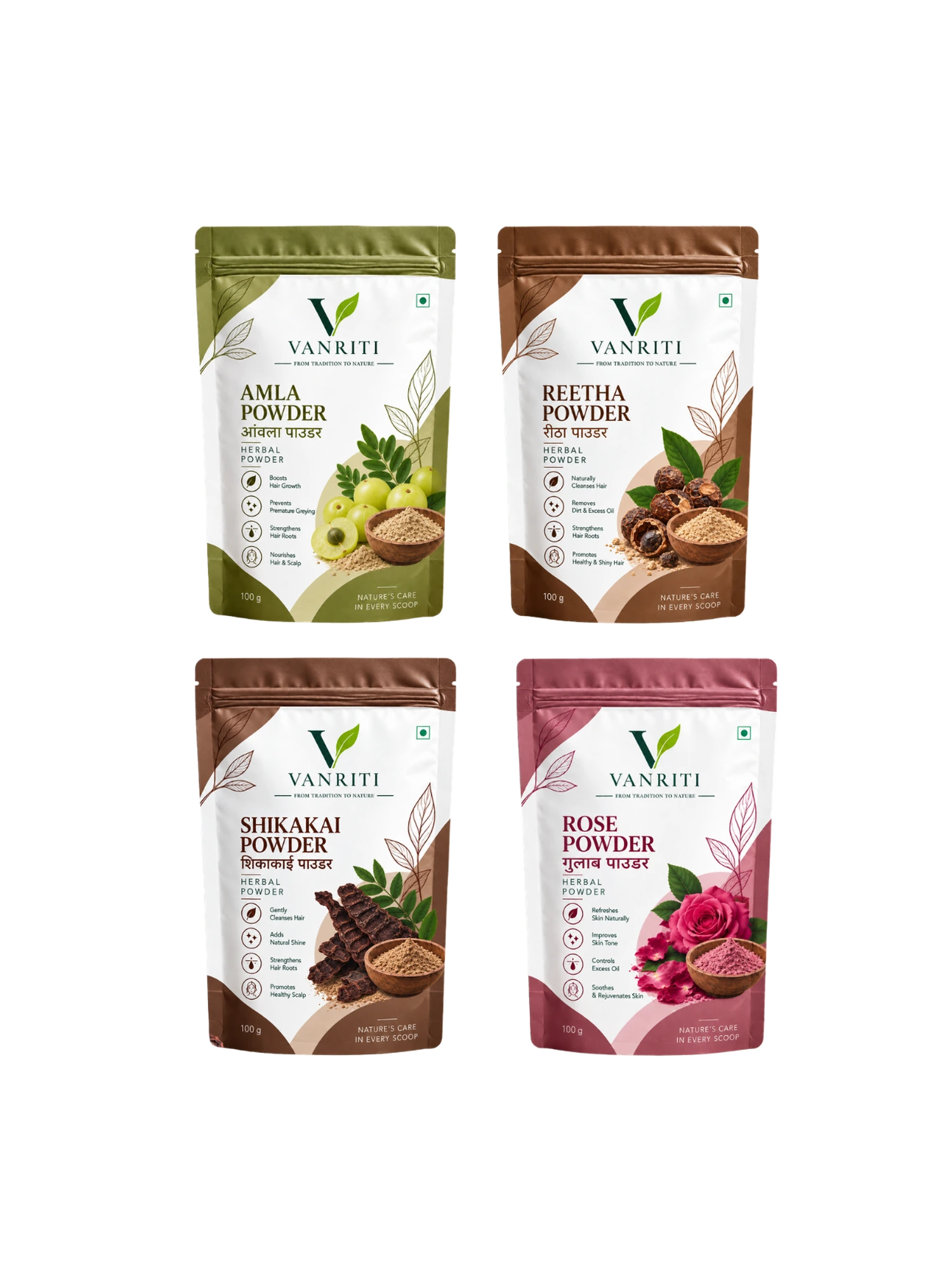 VANRITI Amla, Reetha, Shikakai and Rose Powder for Hair Cleansing & Hair Mask, 400g (Combo Pack of 4)