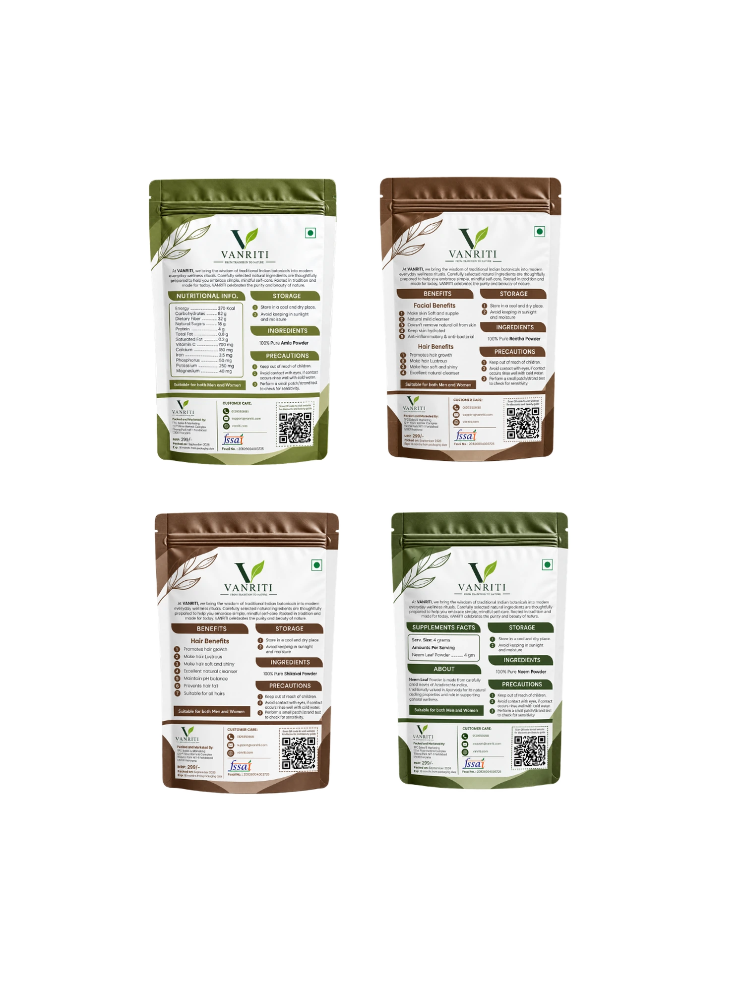 VANRITI Amla, Reetha, Shikakai and Neem Powder for Hair Cleansing & Hair Mask, 400g (Combo Pack of 4)