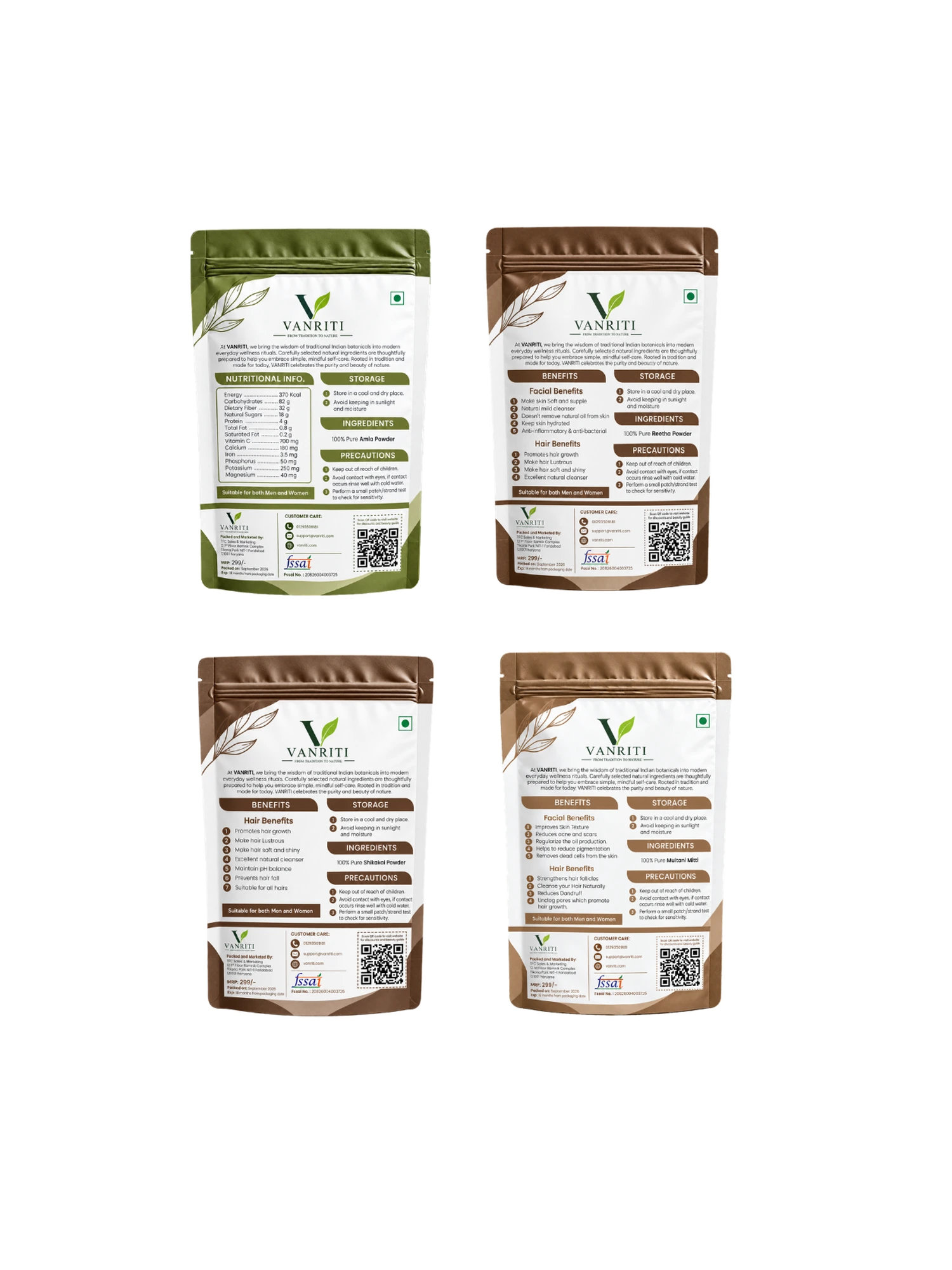 VANRITI Amla, Reetha, Shikakai and Multani Mitti Powder for Hair Cleansing & Hair Mask, 400g (Combo Pack of 4)