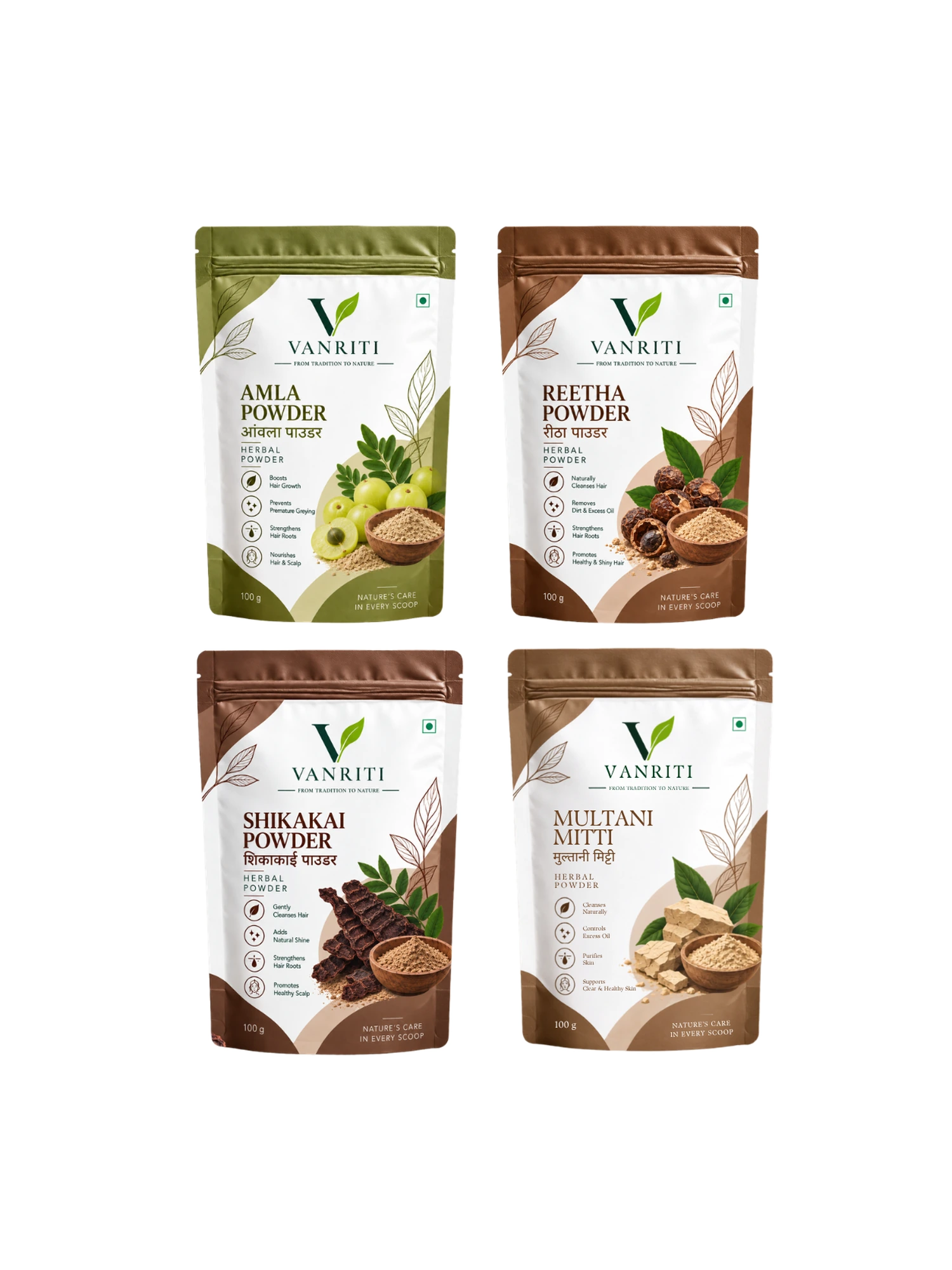 VANRITI Amla, Reetha, Shikakai and Multani Mitti Powder for Hair Cleansing & Hair Mask, 400g (Combo Pack of 4)