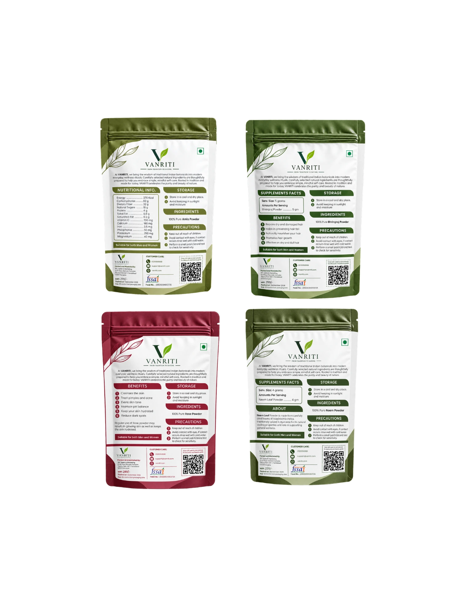 VANRITI Amla, Bhringraj, Rose and Neem Powder for Hair & Skin Beauty Ritual, 400g (Combo Pack of 4)
