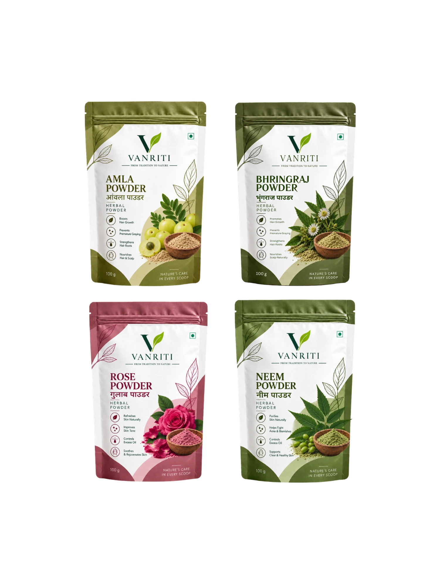 VANRITI Amla, Bhringraj, Rose and Neem Powder for Hair & Skin Beauty Ritual, 400g (Combo Pack of 4)