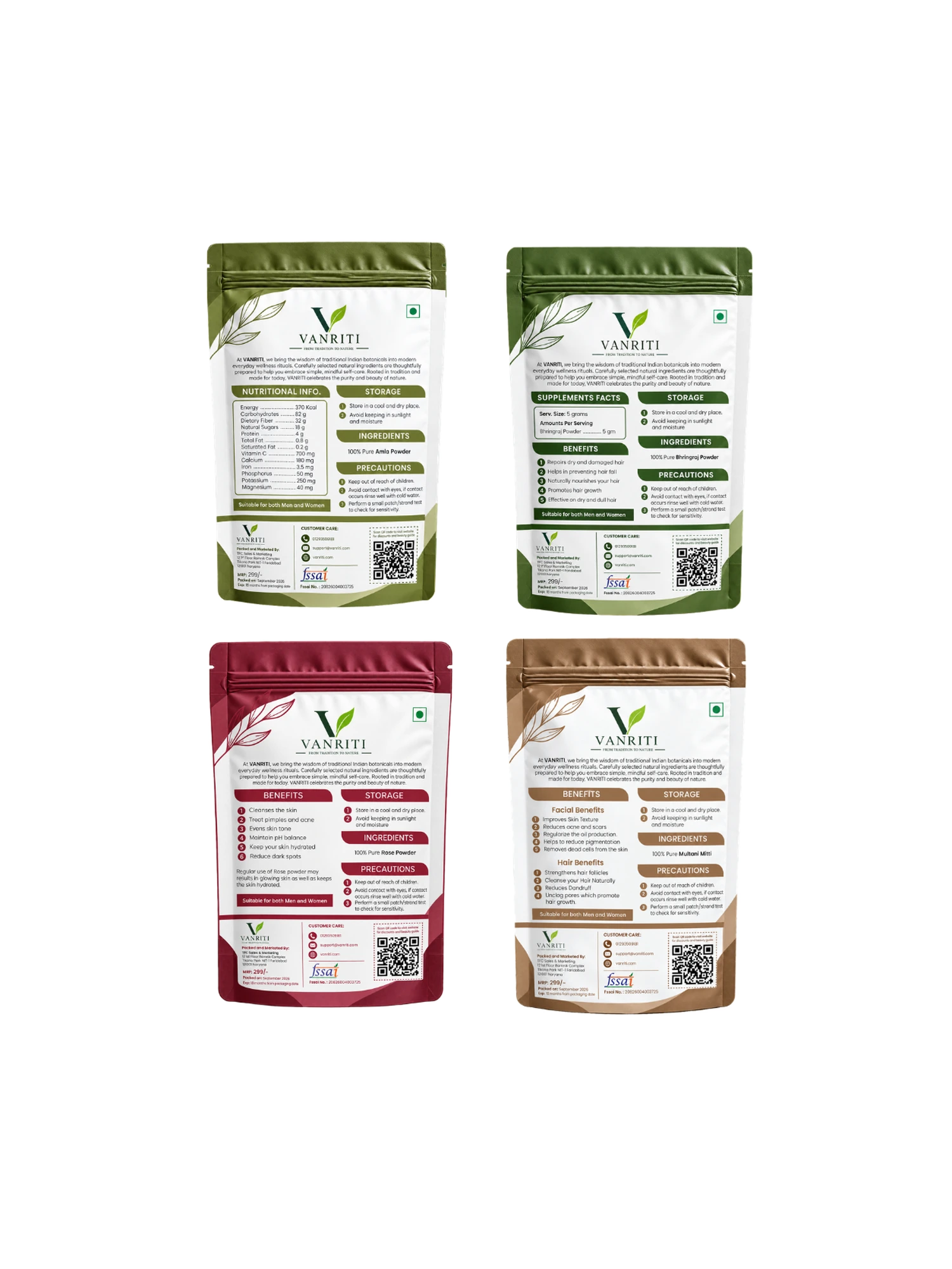 VANRITI Amla, Bhringraj, Rose and Multani Mitti Powder for Hair & Skin Beauty Ritual, 400g (Combo Pack of 4)