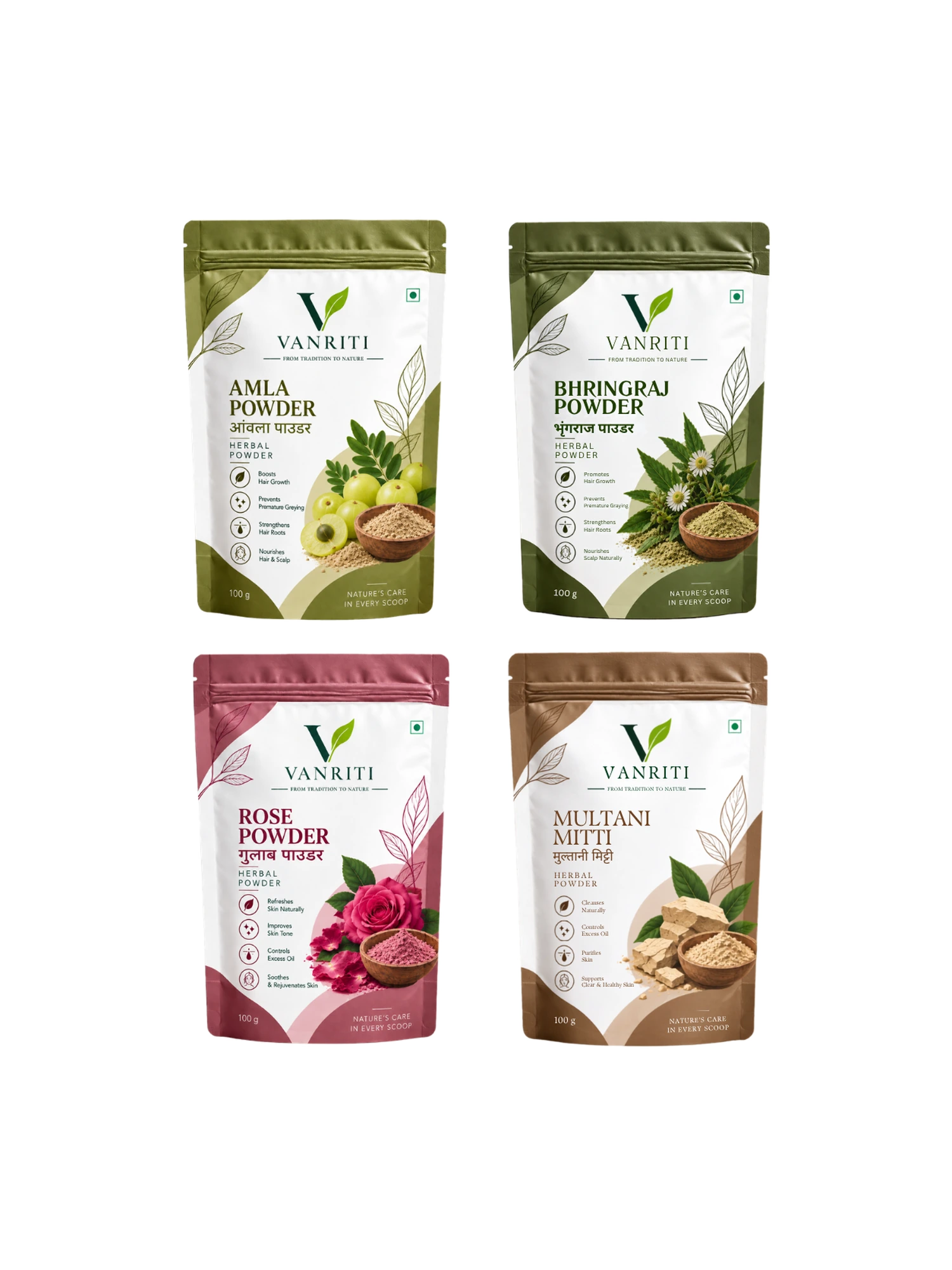 VANRITI Amla, Bhringraj, Rose and Multani Mitti Powder for Hair & Skin Beauty Ritual, 400g (Combo Pack of 4)