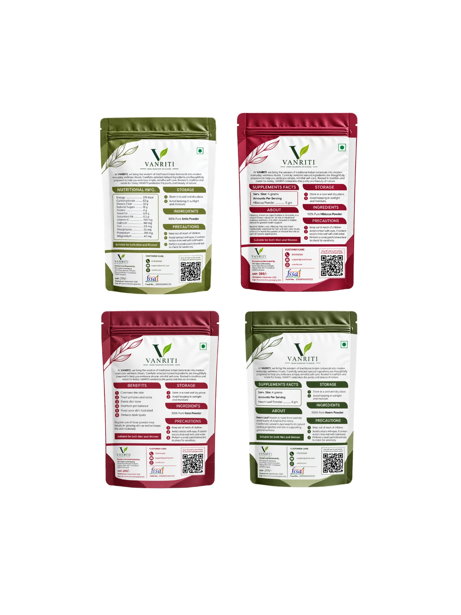 VANRITI Amla, Hibiscus, Rose and Neem Powder for Hair & Skin Beauty Ritual, 400g (Combo Pack of 4)