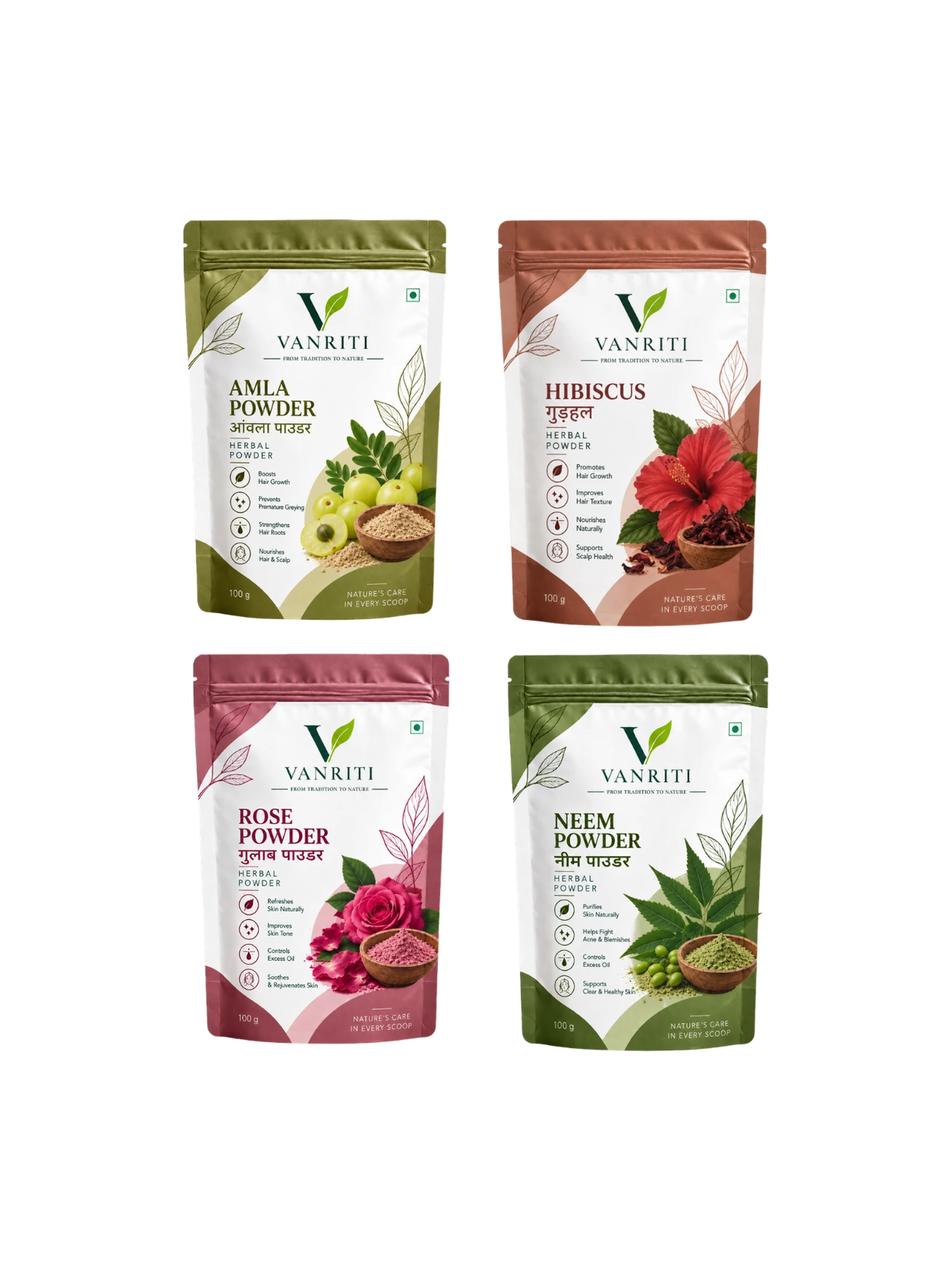VANRITI Amla, Hibiscus, Rose and Neem Powder for Hair & Skin Beauty Ritual, 400g (Combo Pack of 4)