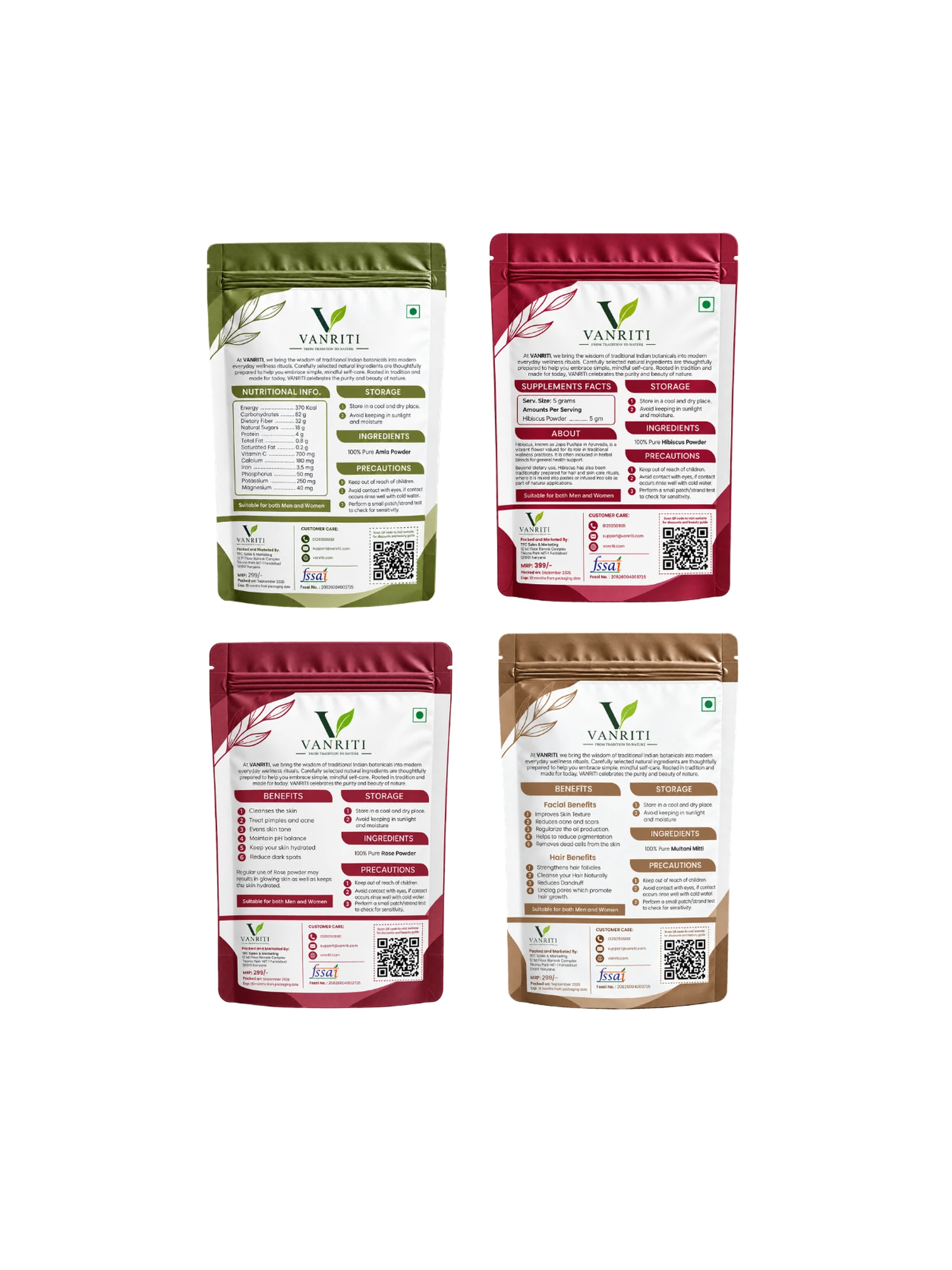 VANRITI Amla, Hibiscus, Rose and Multani Mitti Powder for Hair & Skin Beauty Ritual, 400g (Combo Pack of 4)