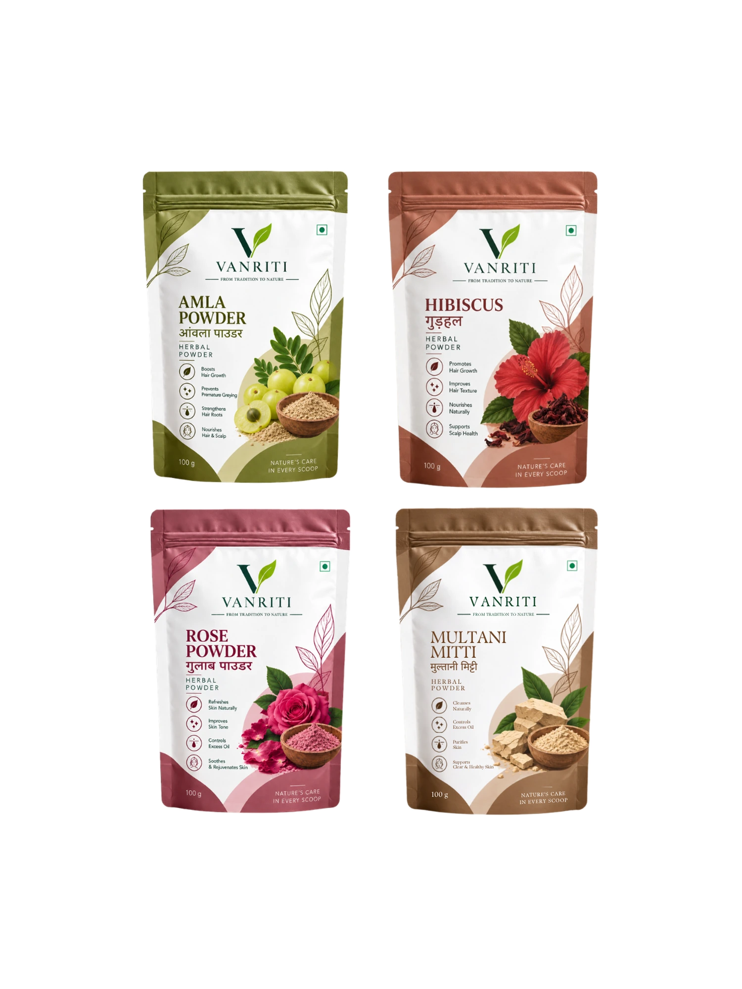 VANRITI Amla, Hibiscus, Rose and Multani Mitti Powder for Hair & Skin Beauty Ritual, 400g (Combo Pack of 4)