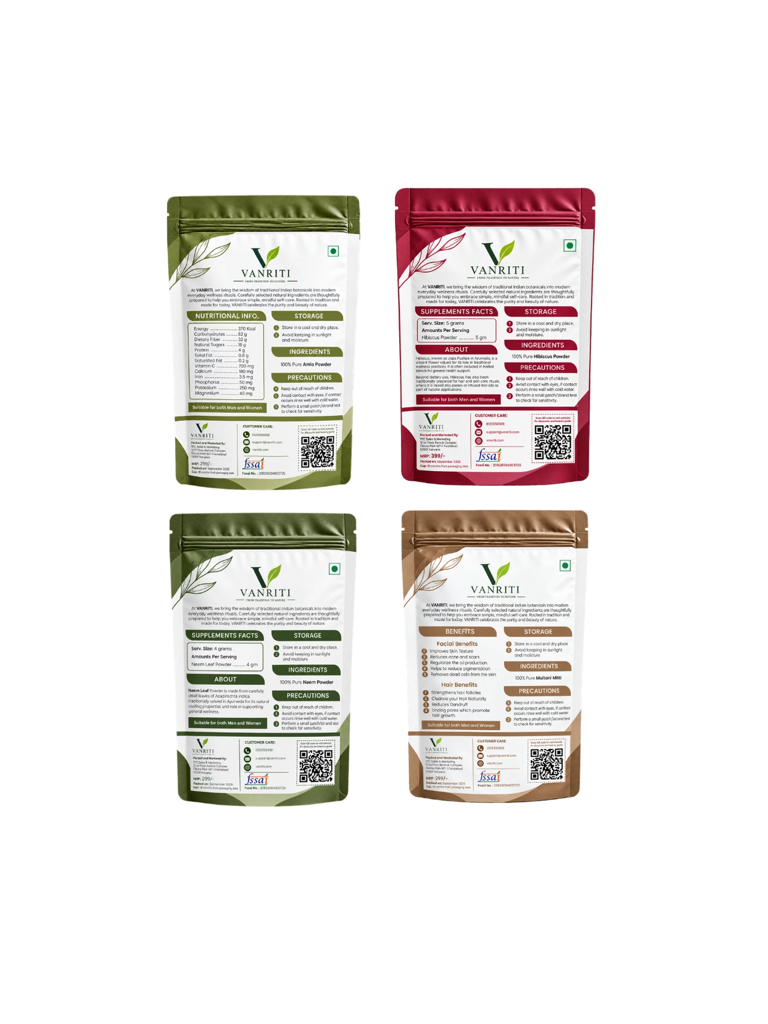 VANRITI Amla, Hibiscus, Neem and Multani Mitti Powder for Hair & Skin Beauty Ritual, 400g (Combo Pack of 4)