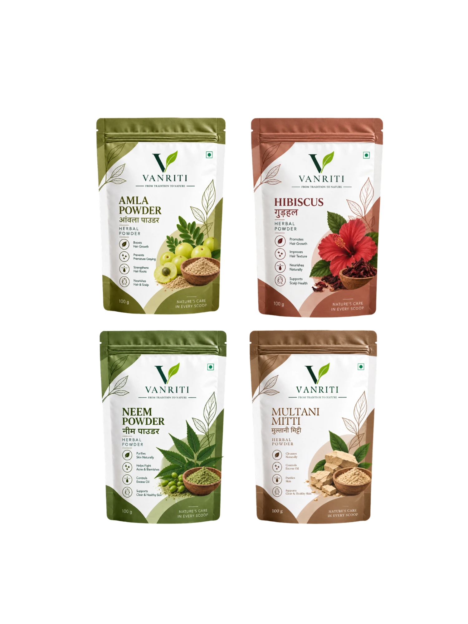VANRITI Amla, Hibiscus, Neem and Multani Mitti Powder for Hair & Skin Beauty Ritual, 400g (Combo Pack of 4)