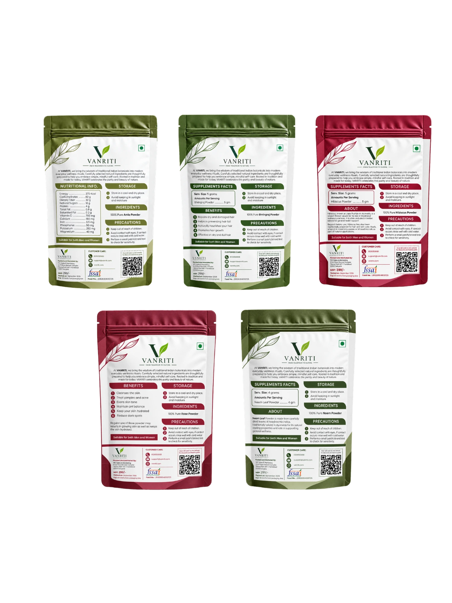 VANRITI Amla, Bhringraj, Hibiscus, Rose and Neem Powder for Hair & Skin Beauty Ritual, 500g (Combo Pack of 5)
