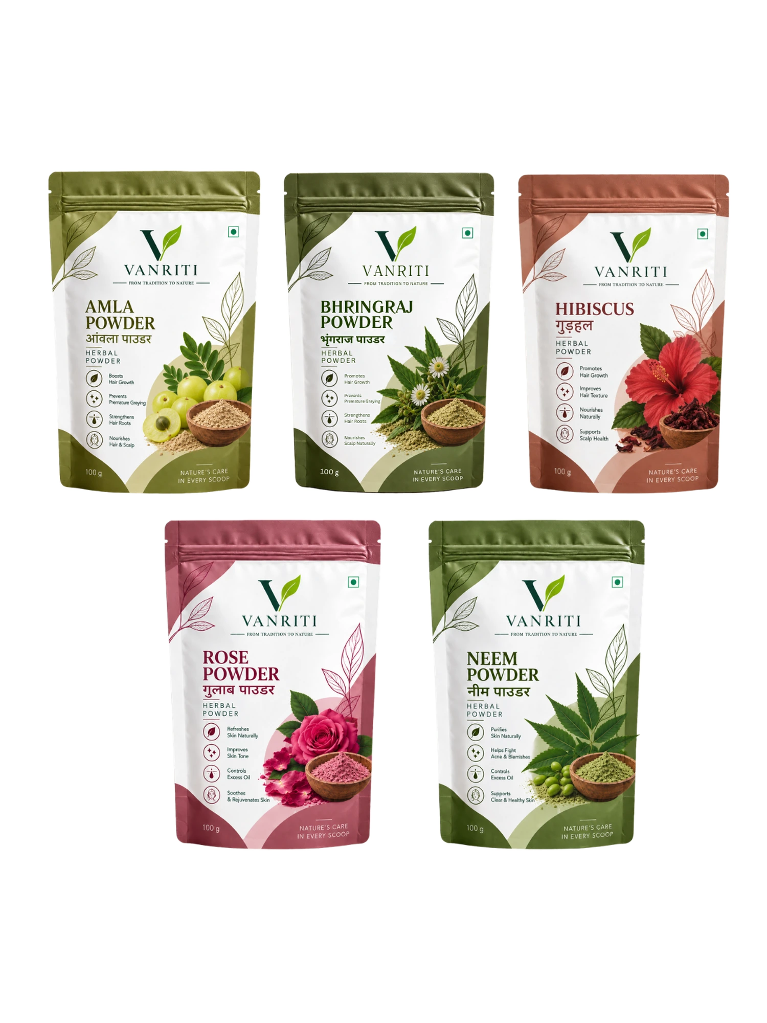 VANRITI Amla, Bhringraj, Hibiscus, Rose and Neem Powder for Hair & Skin Beauty Ritual, 500g (Combo Pack of 5)