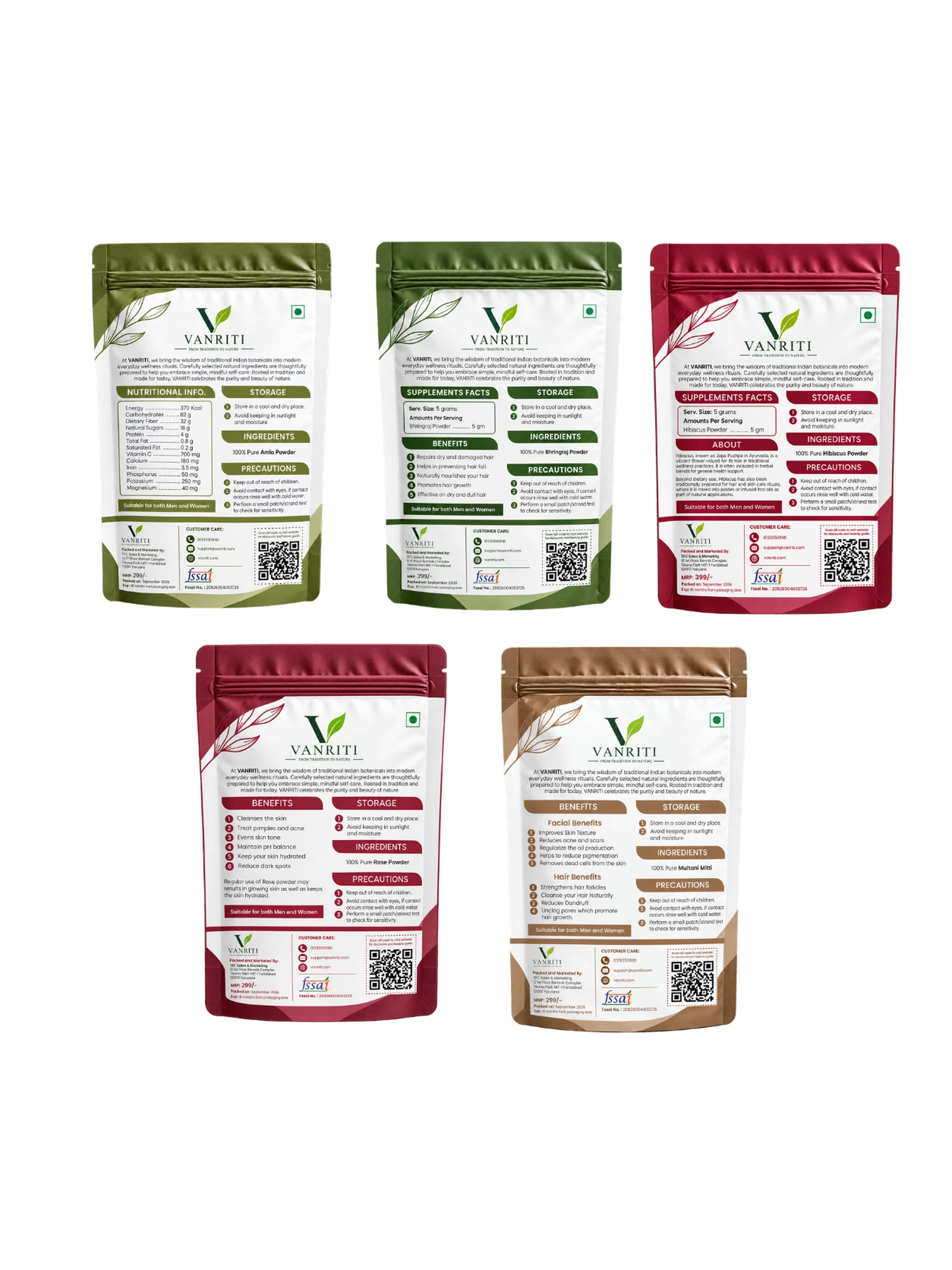 VANRITI Amla, Bhringraj, Hibiscus, Rose and Multani Mitti Powder for Hair & Skin Beauty Ritual, 500g (Combo Pack of 5)