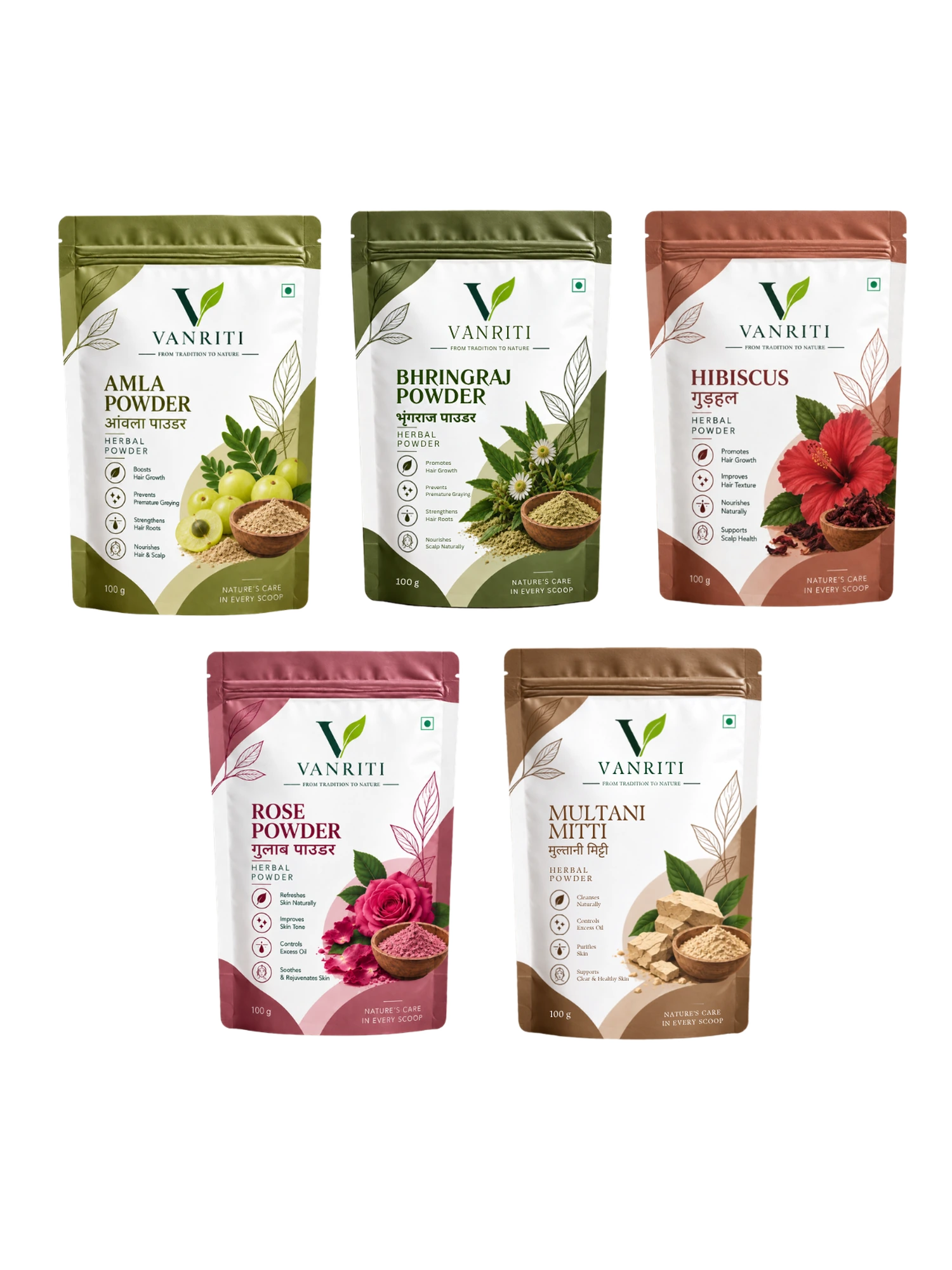 VANRITI Amla, Bhringraj, Hibiscus, Rose and Multani Mitti Powder for Hair & Skin Beauty Ritual, 500g (Combo Pack of 5)