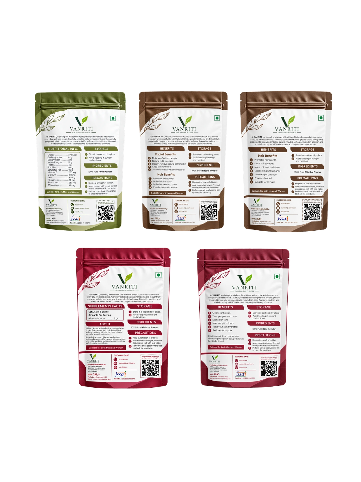 VANRITI Amla, Reetha, Shikakai, Hibiscus and Rose Powder for Hair Cleansing & Hair Mask, 500g (Combo Pack of 5)