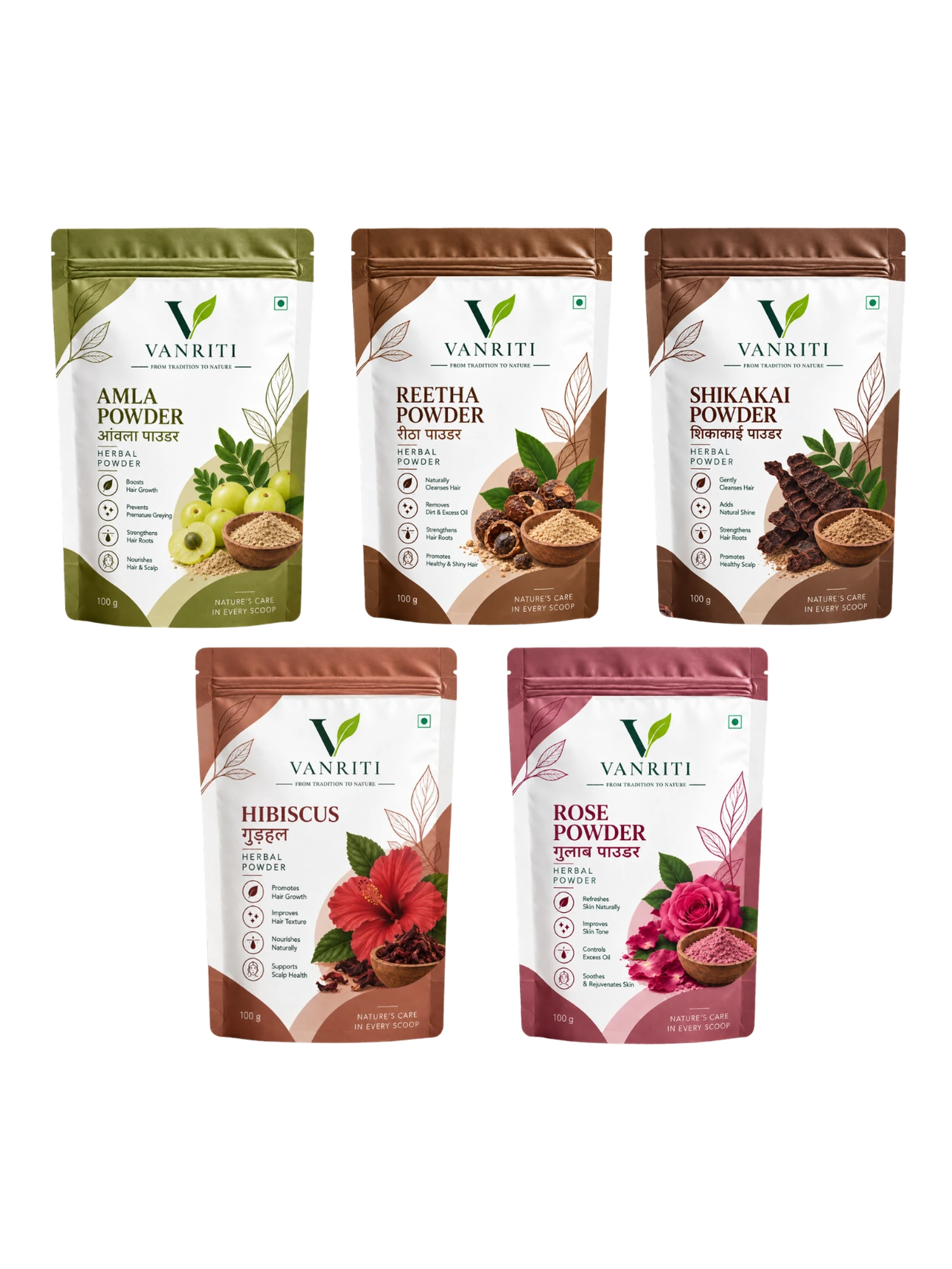 VANRITI Amla, Reetha, Shikakai, Hibiscus and Rose Powder for Hair Cleansing & Hair Mask, 500g (Combo Pack of 5)