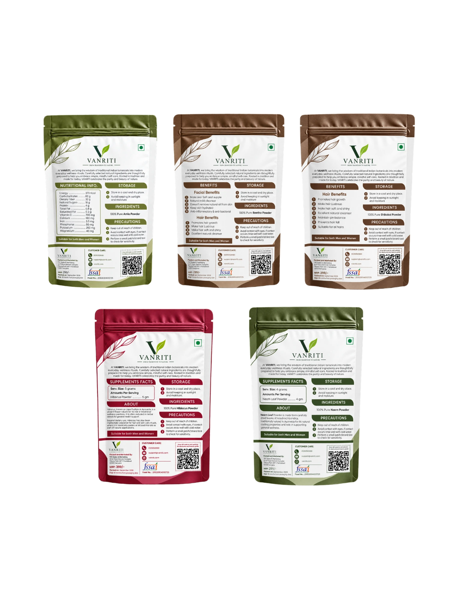 VANRITI Amla, Reetha, Shikakai, Hibiscus and Neem Powder for Hair Cleansing & Hair Mask, 500g (Combo Pack of 5)