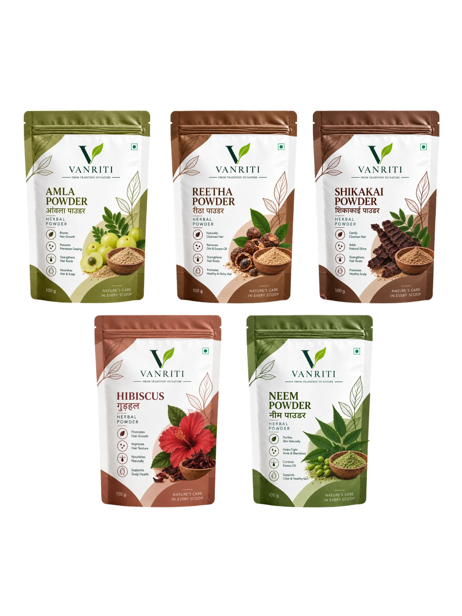 VANRITI Amla, Reetha, Shikakai, Hibiscus and Neem Powder for Hair Cleansing & Hair Mask, 500g (Combo Pack of 5)