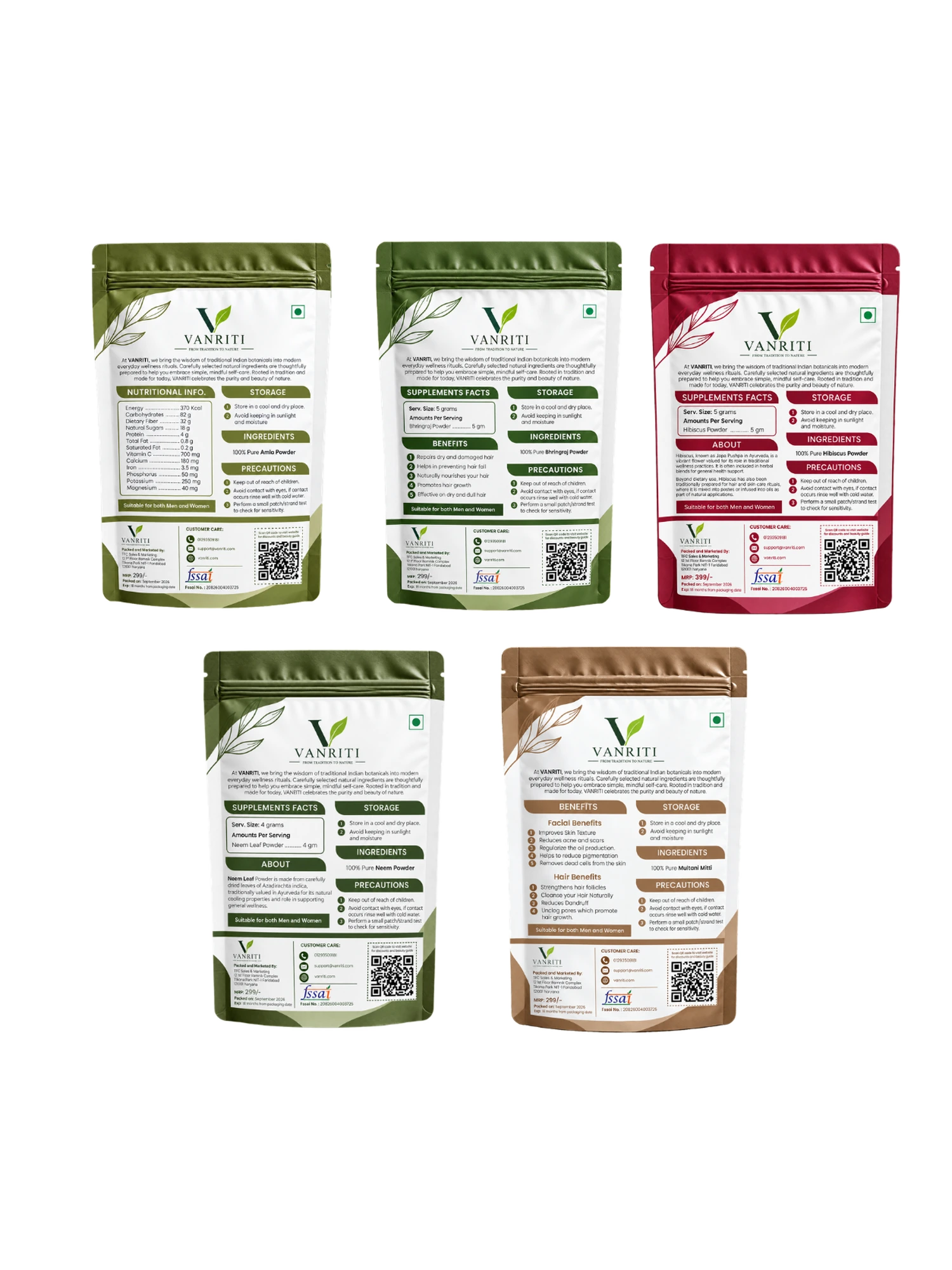 VANRITI Amla, Bhringraj, Hibiscus, Neem and Multani Mitti Powder for Hair & Skin Beauty Ritual, 500g (Combo Pack of 5)