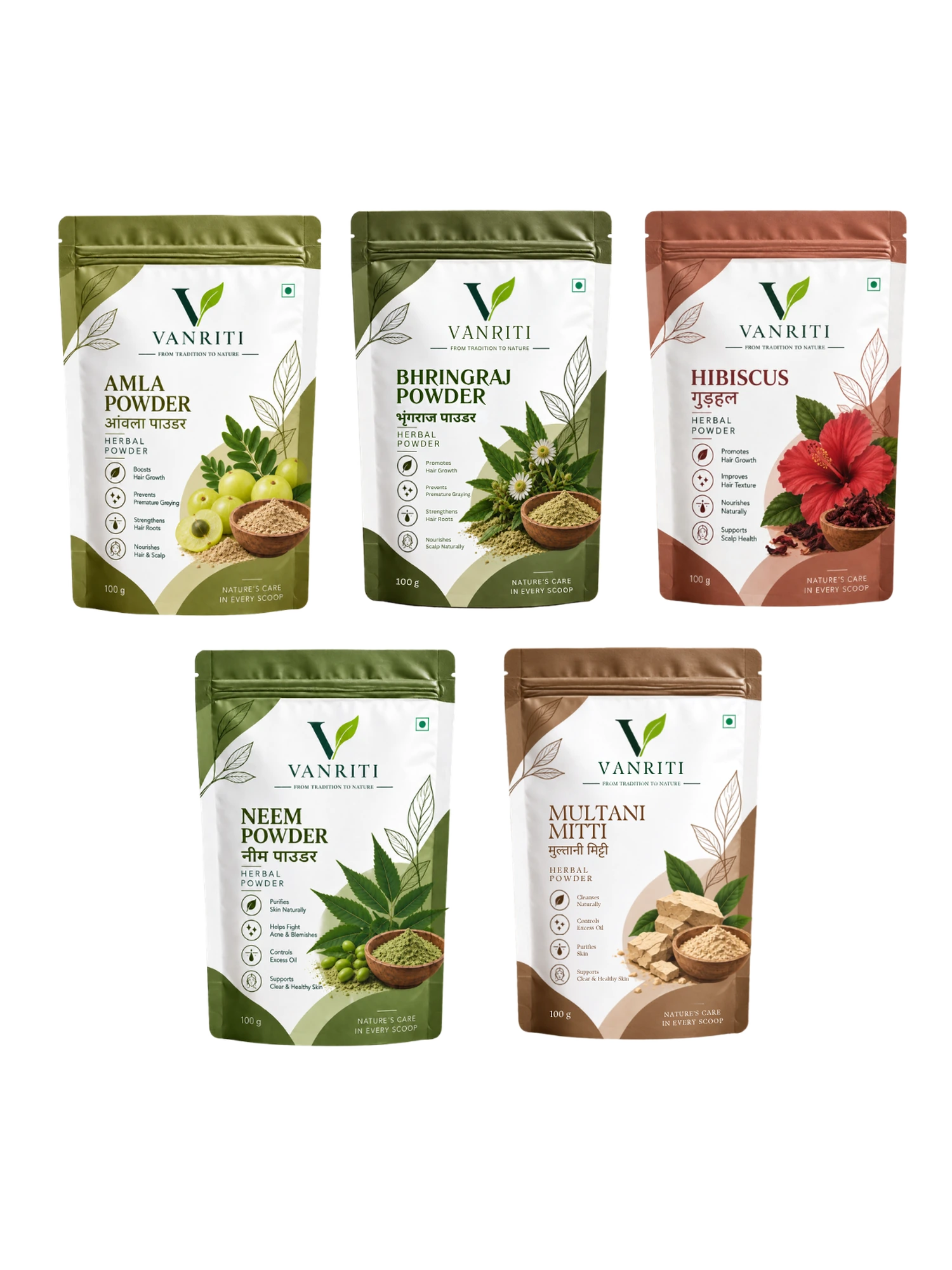 VANRITI Amla, Bhringraj, Hibiscus, Neem and Multani Mitti Powder for Hair & Skin Beauty Ritual, 500g (Combo Pack of 5)