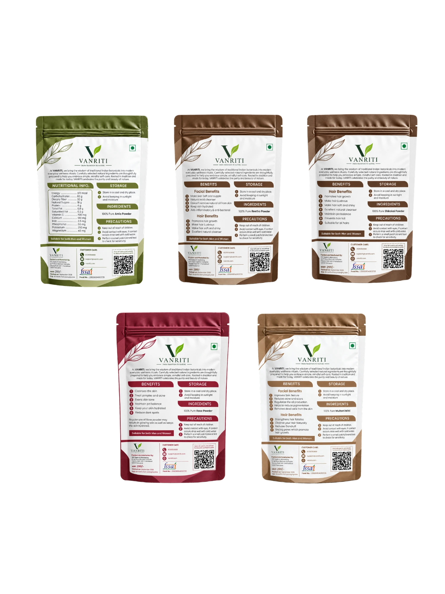 VANRITI Amla, Reetha, Shikakai, Rose and Multani Mitti Powder for Hair Cleansing & Hair Mask, 500g (Combo Pack of 5)