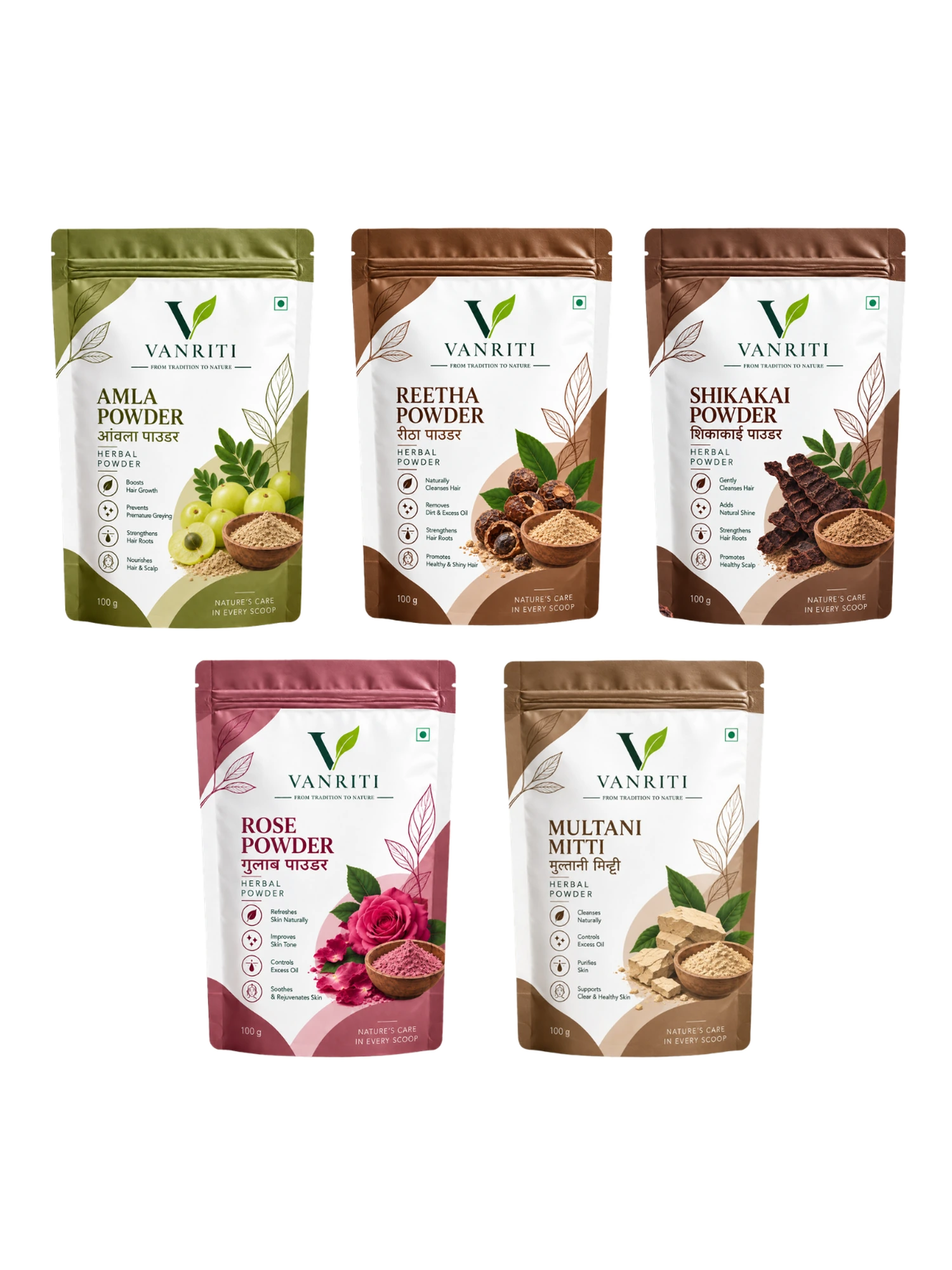 VANRITI Amla, Reetha, Shikakai, Rose and Multani Mitti Powder for Hair Cleansing & Hair Mask, 500g (Combo Pack of 5)