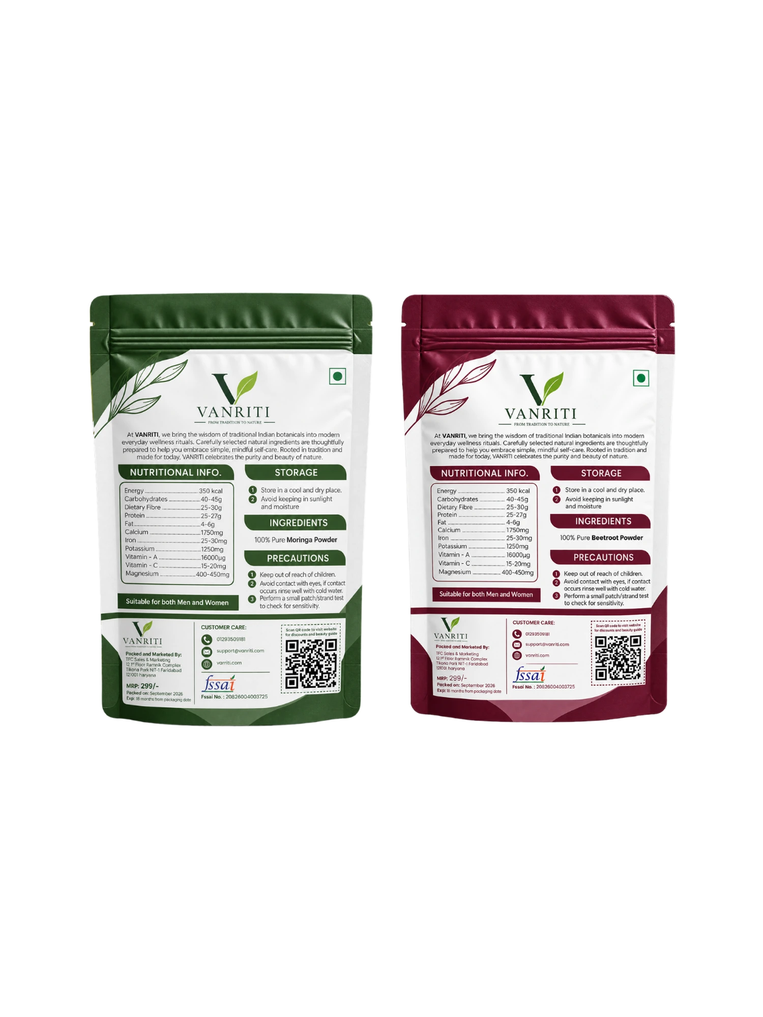 VANRITI Moringa and Beetroot Food-Grade Powder for Daily Wellness, 200g (Combo Pack of 2)