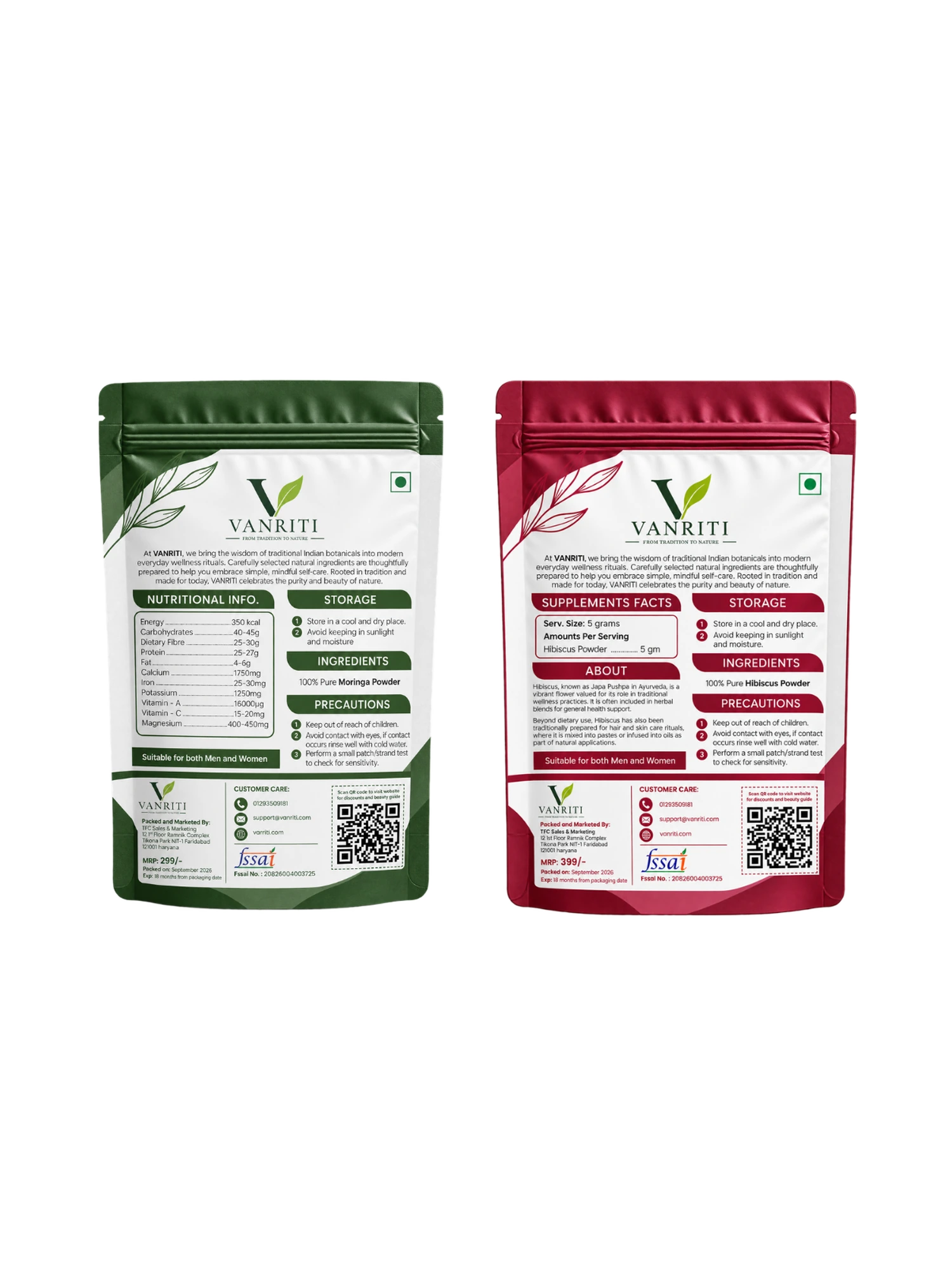 VANRITI Moringa and Hibiscus Food-Grade Powder for Daily Wellness, 200g (Combo Pack of 2)