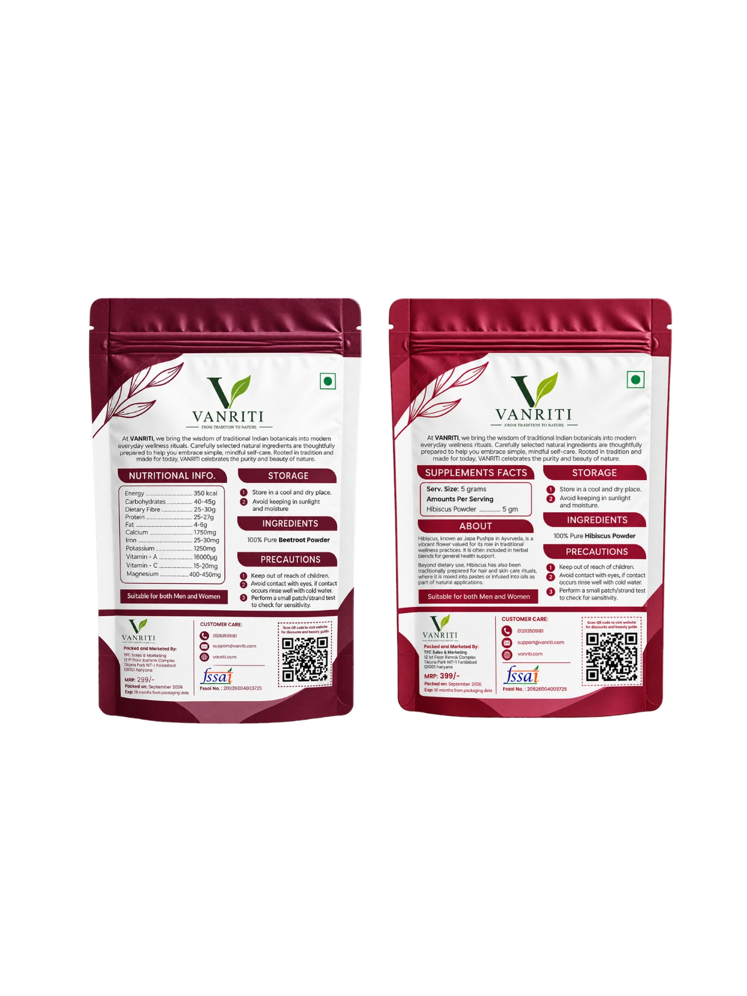 VANRITI Beetroot and Hibiscus Food-Grade Powder for Daily Wellness, 200g (Combo Pack of 2)