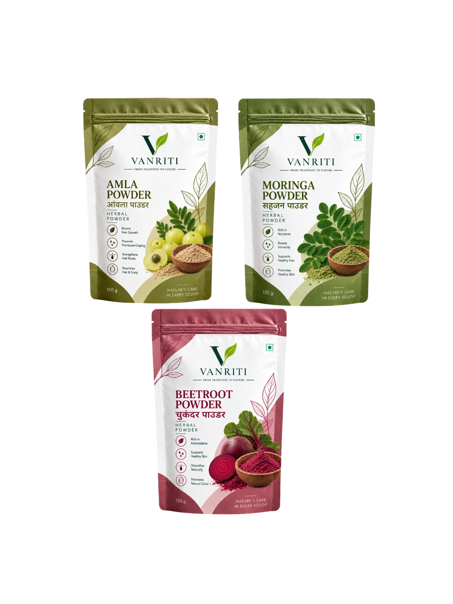 VANRITI Moringa, Amla and Beetroot Food-Grade Powder for Daily Wellness, 300g (Combo Pack of 3)