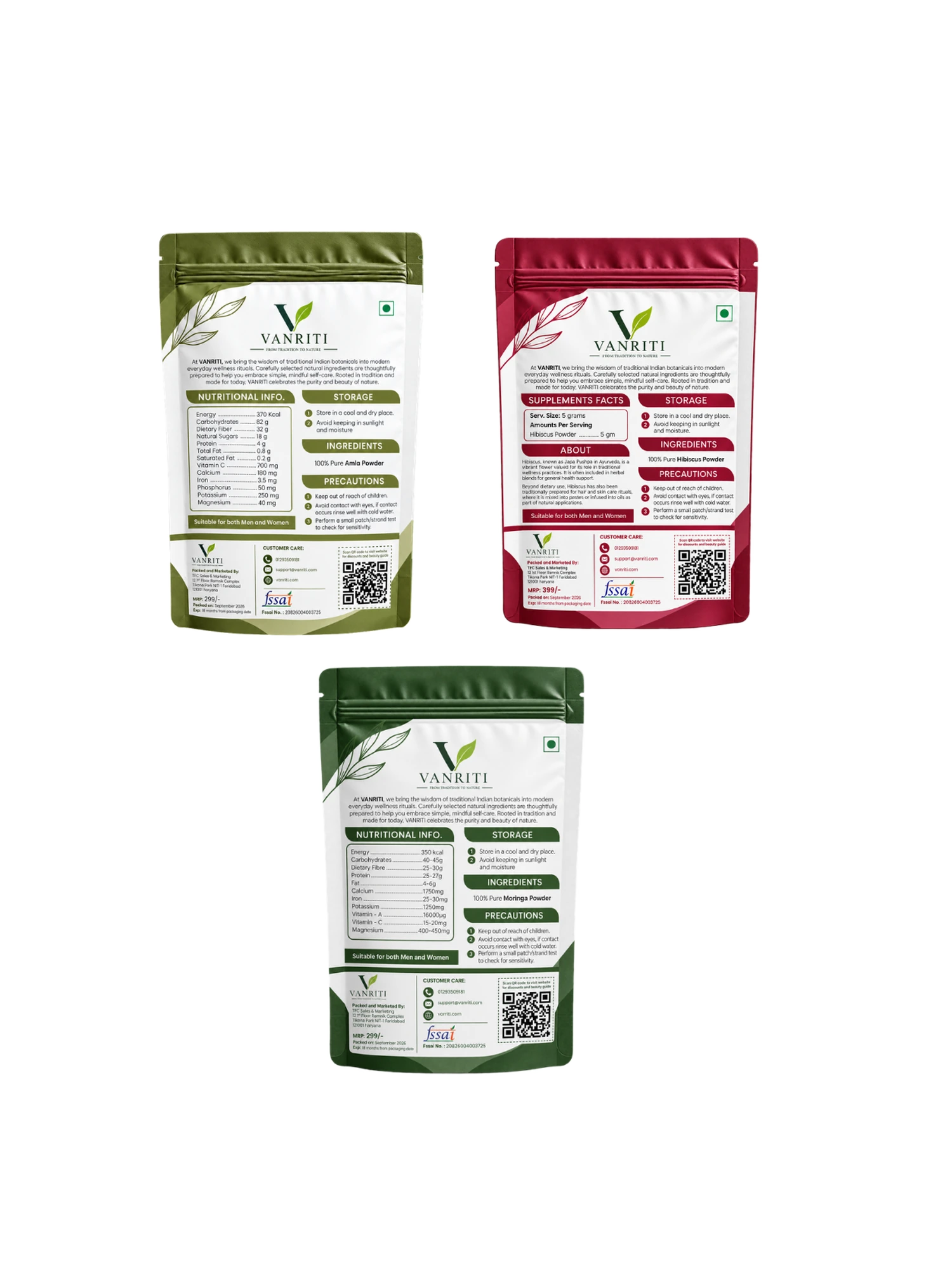 VANRITI Moringa, Amla and Hibiscus Food-Grade Powder for Daily Wellness, 300g (Combo Pack of 3)
