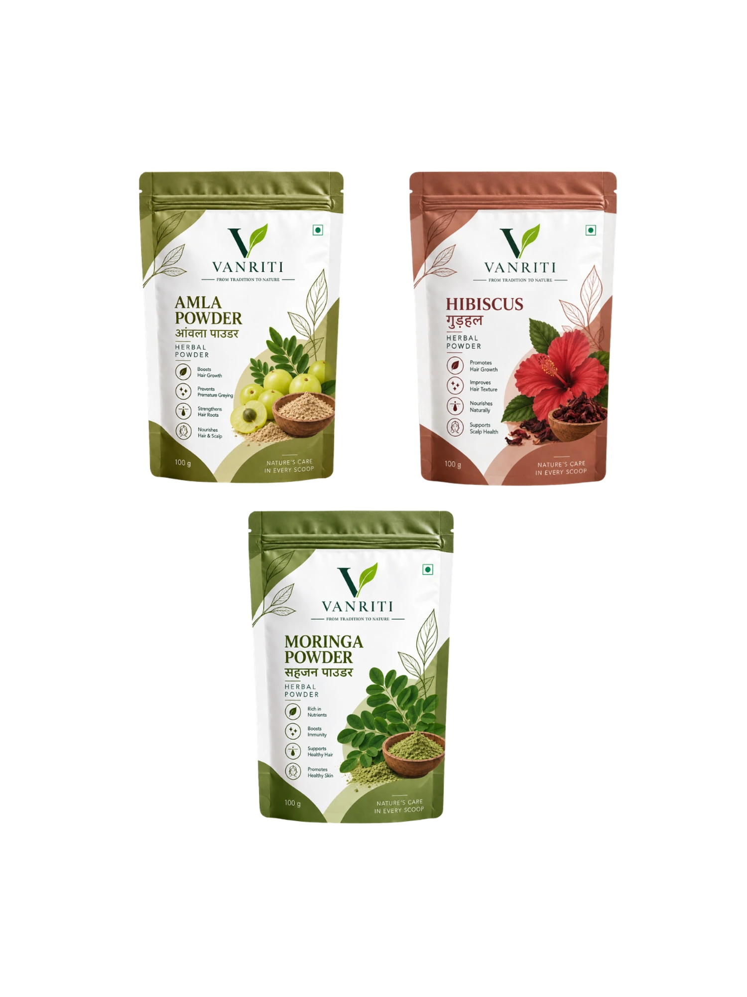 VANRITI Moringa, Amla and Hibiscus Food-Grade Powder for Daily Wellness, 300g (Combo Pack of 3)