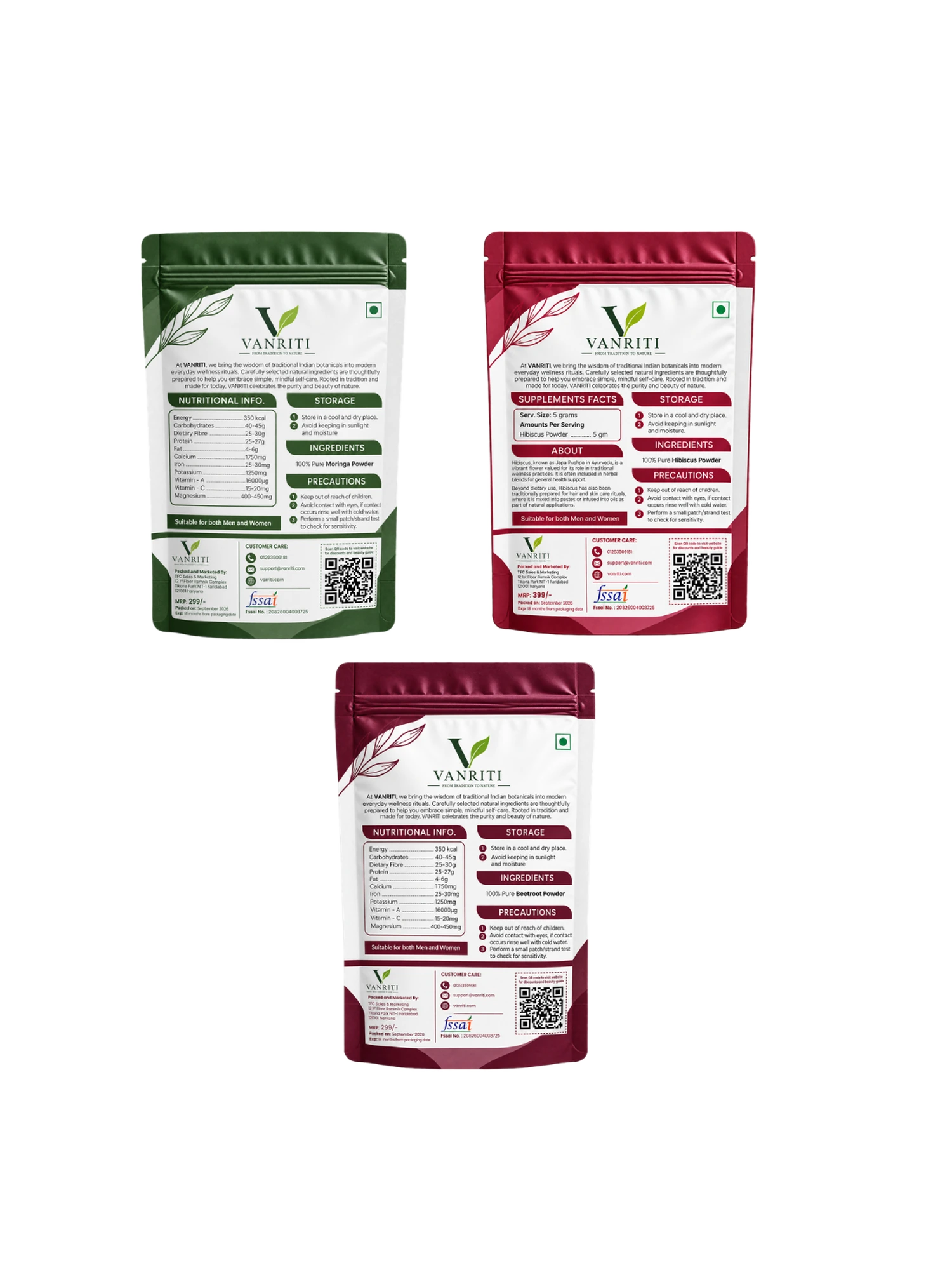 VANRITI Moringa, Beetroot and Hibiscus Food-Grade Powder for Daily Wellness, 300g (Combo Pack of 3)