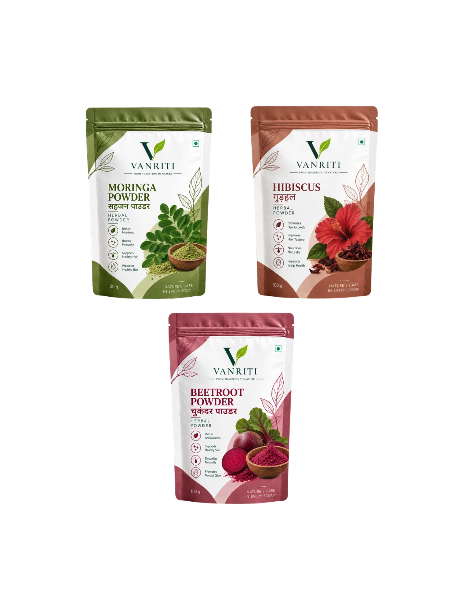 VANRITI Moringa, Beetroot and Hibiscus Food-Grade Powder for Daily Wellness, 300g (Combo Pack of 3)