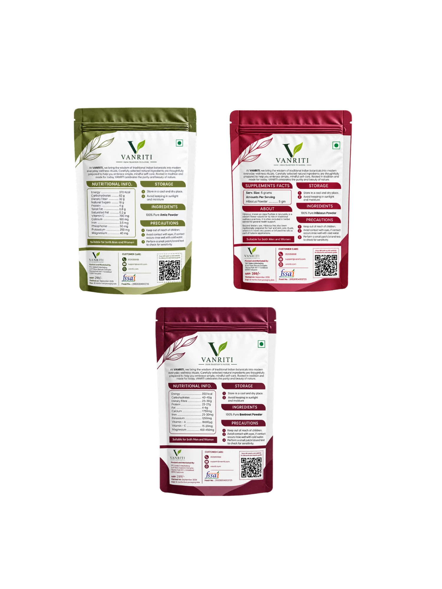 VANRITI Amla, Beetroot and Hibiscus Food-Grade Powder for Daily Wellness, 300g (Combo Pack of 3)