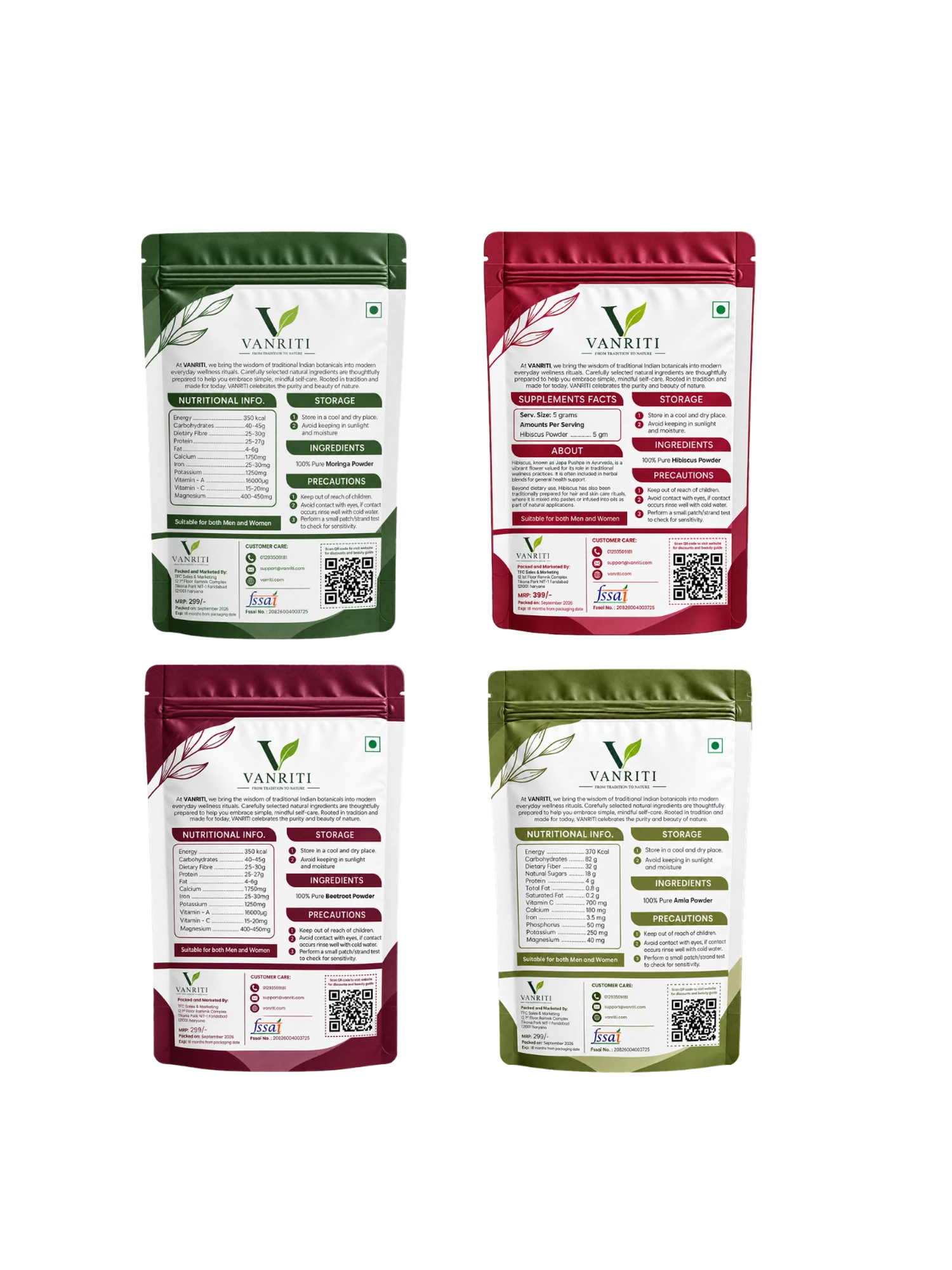 VANRITI Moringa, Amla, Beetroot and Hibiscus Food-Grade Powder for Daily Wellness, 400g (Combo Pack of 4)