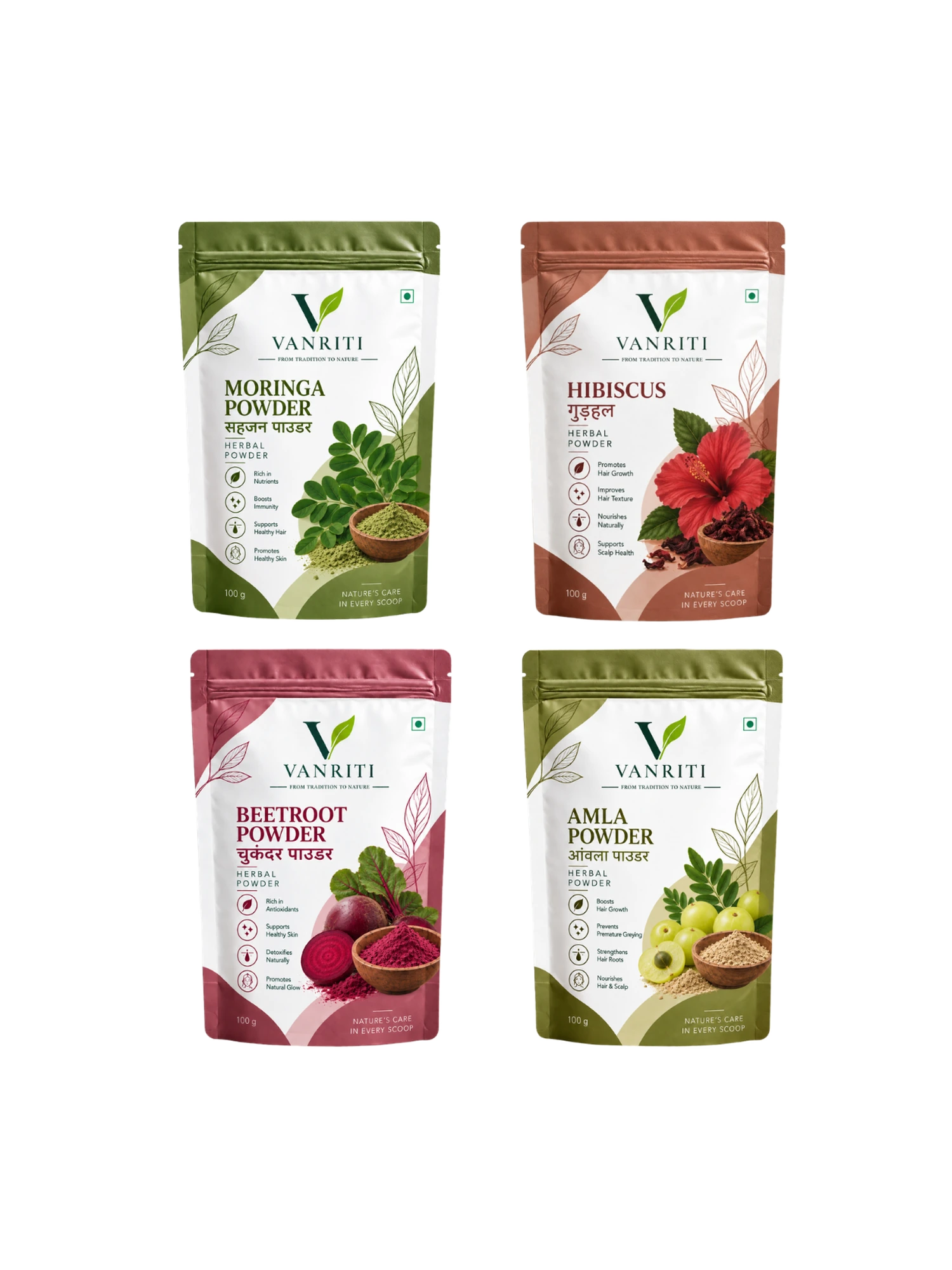 VANRITI Moringa, Amla, Beetroot and Hibiscus Food-Grade Powder for Daily Wellness, 400g (Combo Pack of 4)