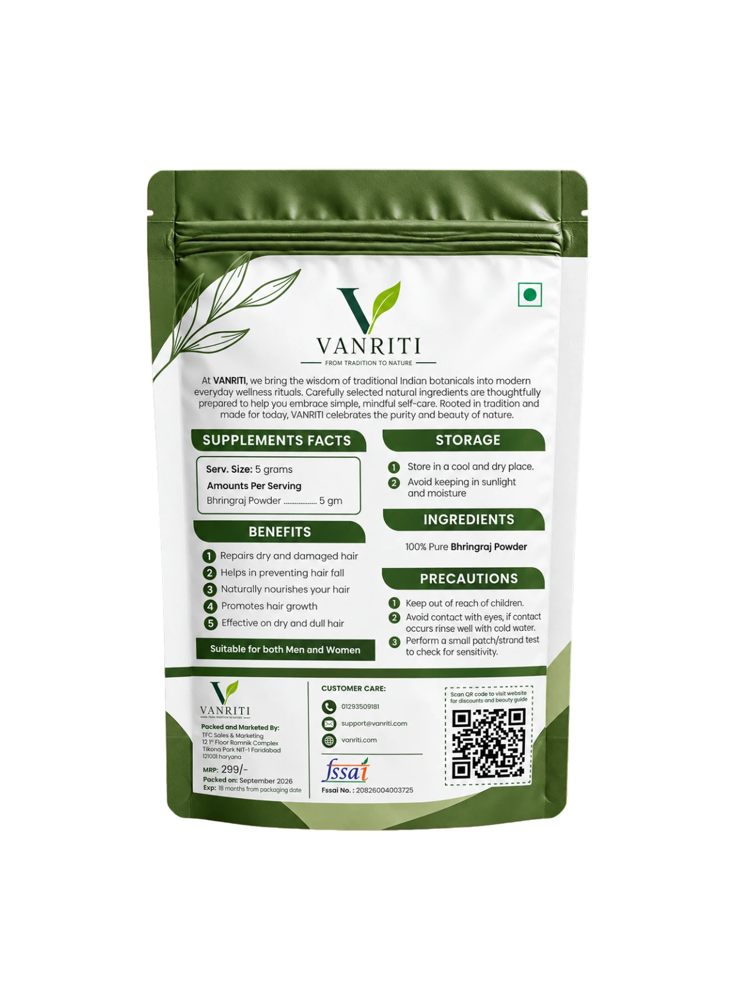 VANRITI Pure Bhringraj Powder for Face Pack & Skin Care, 100g