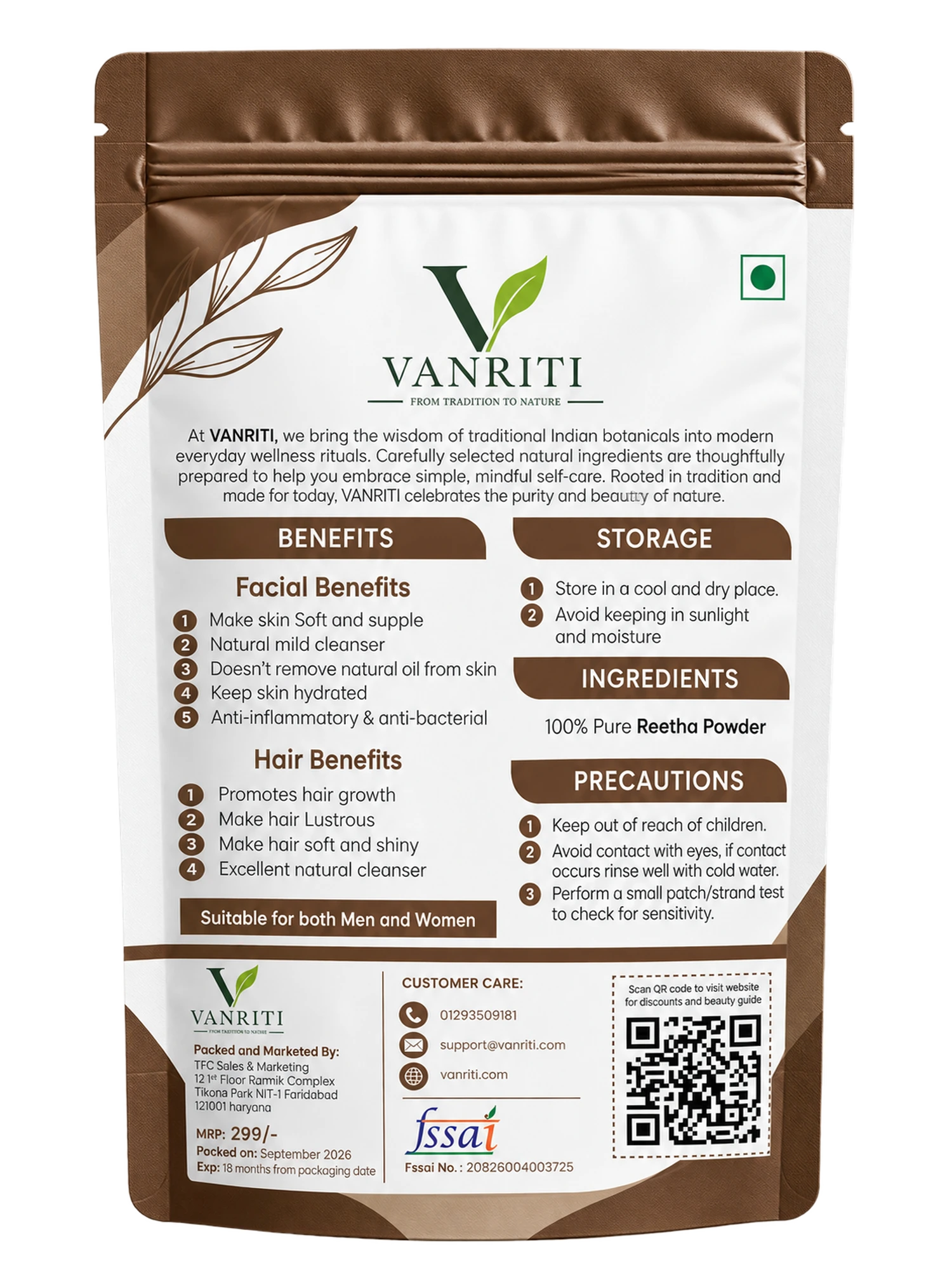 VANRITI Pure Reetha Powder for Hair Cleansing & Hair Mask, 100g