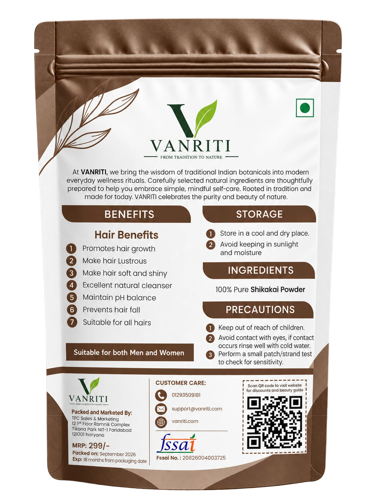 VANRITI Pure Shikakai Powder for Hair Cleansing & Hair Mask, 100g