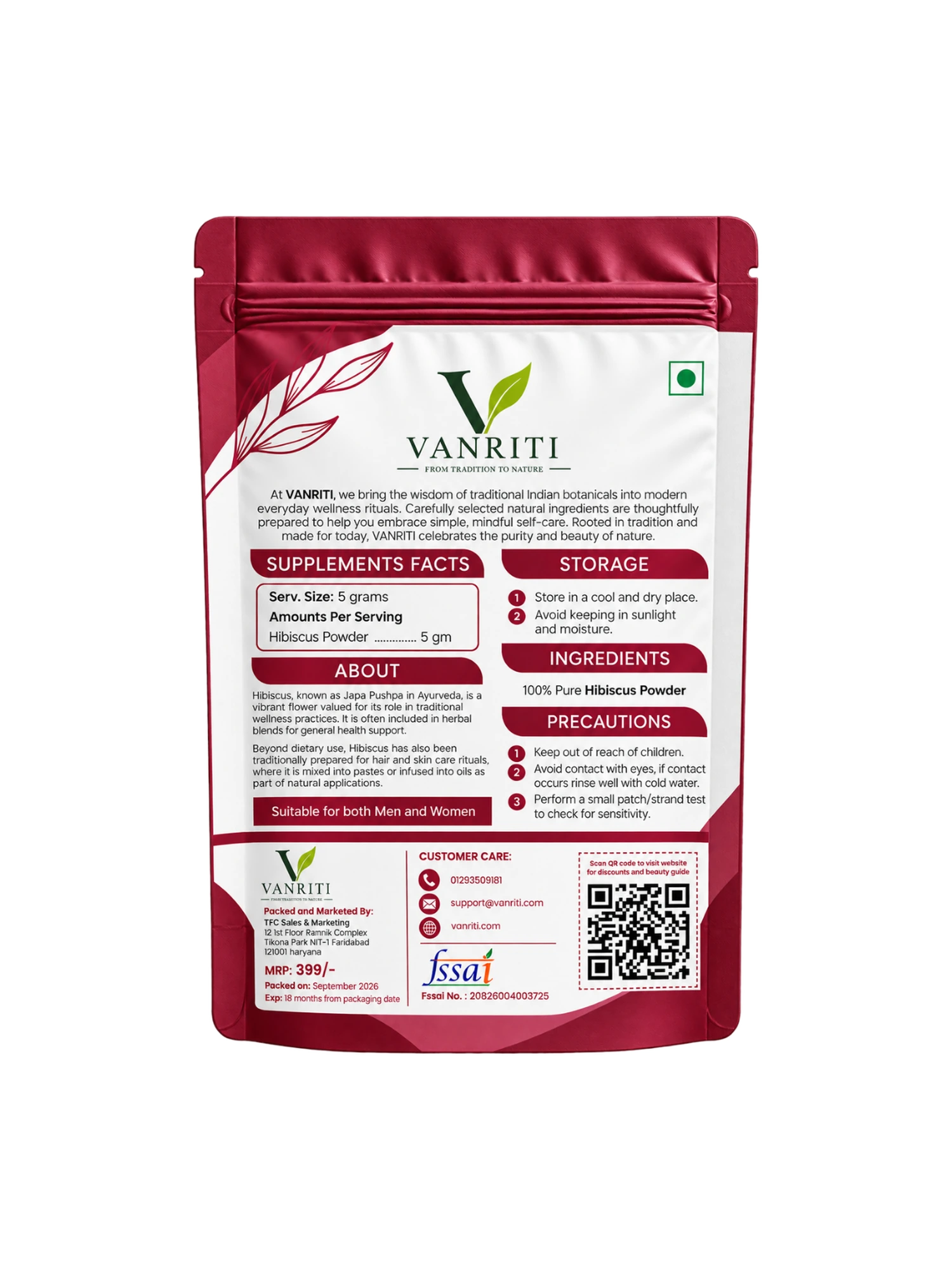 VANRITI Pure Hibiscus Powder for Daily Wellness, 100g | Food-Grade