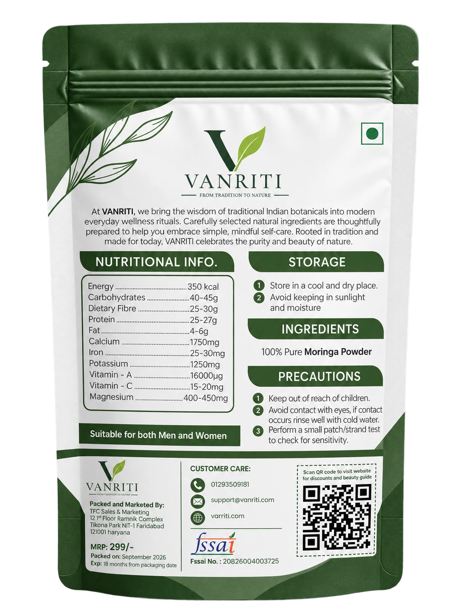 VANRITI Pure Moringa Powder for Daily Wellness, 100g | Food-Grade