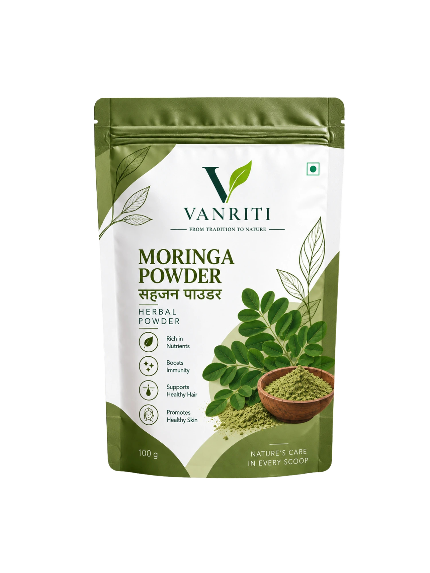 VANRITI Pure Moringa Powder for Daily Wellness, 100g | Food-Grade
