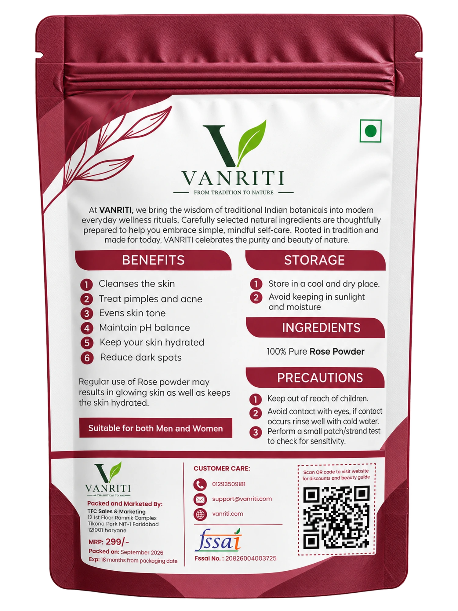 VANRITI Pure Rose Petal Powder for Face Pack & Skin Care, 100g