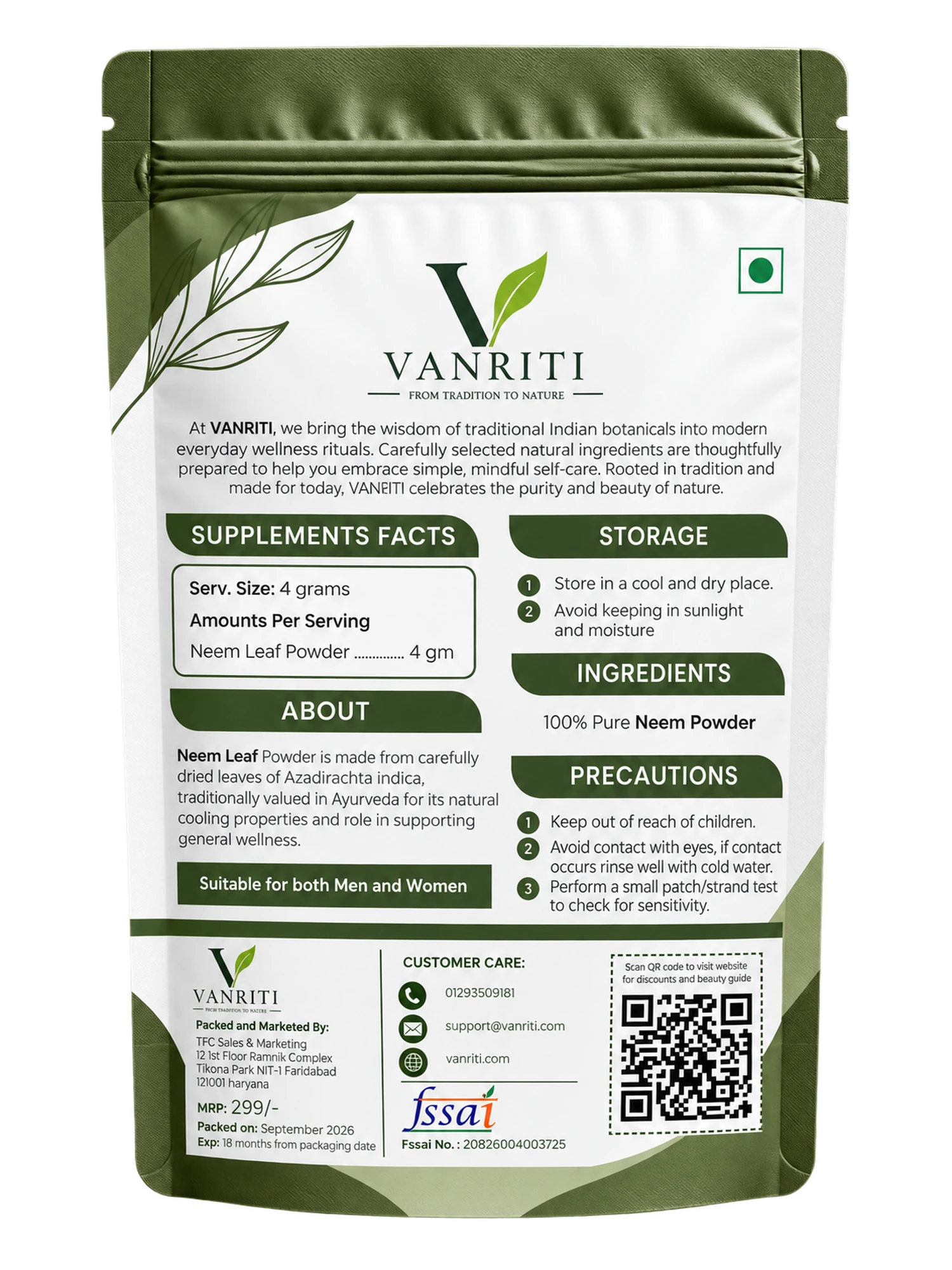 VANRITI Pure Neem Powder for Face Pack & Skin Care, 100g