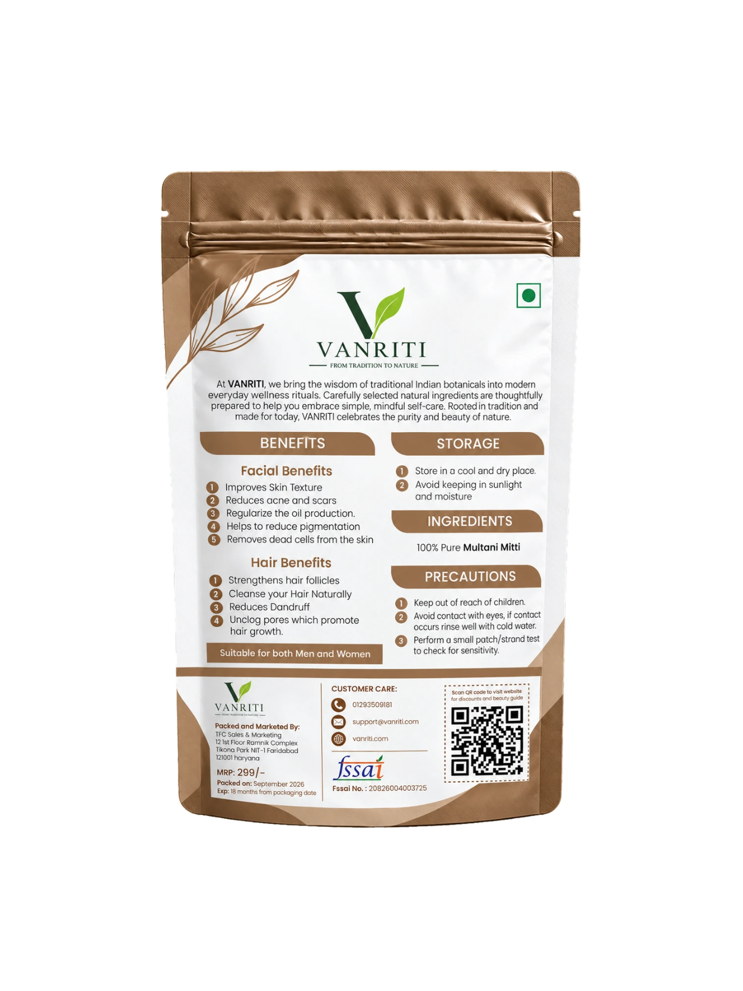 VANRITI Pure Multani Mitti Powder for Face Pack & Skin Care, 100g