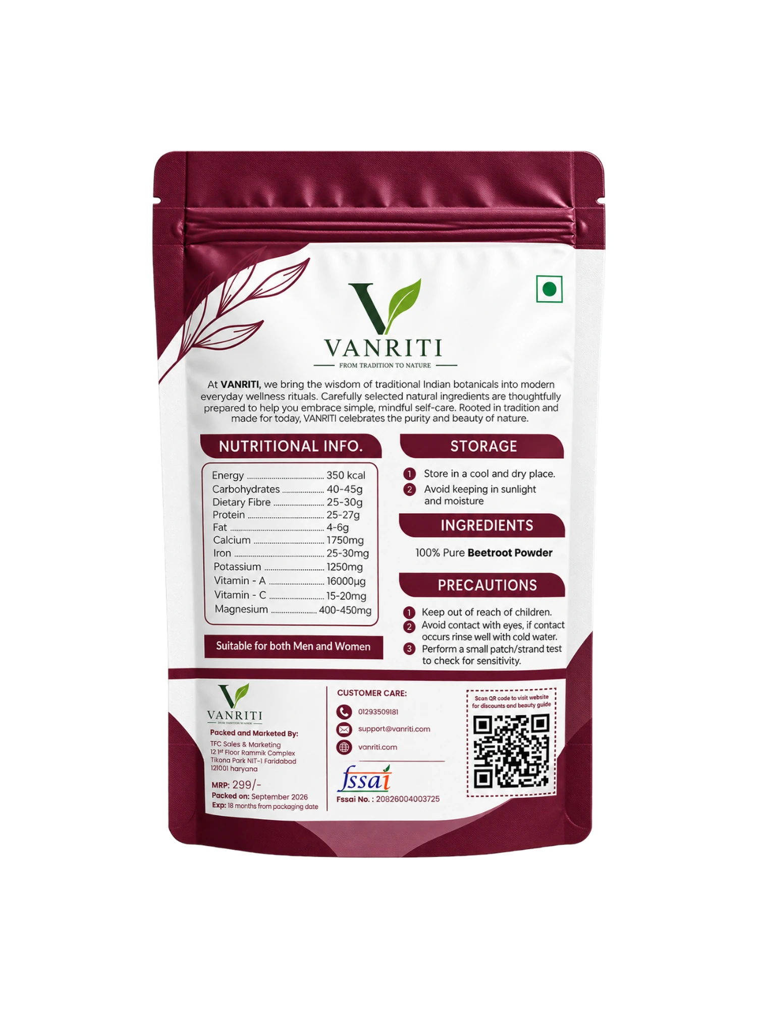 VANRITI Pure Beetroot Powder for Daily Wellness, 100g | Food-Grade